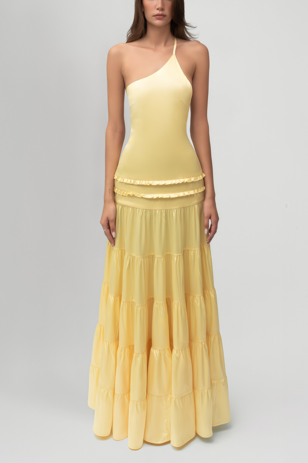 Octavia Yellow One Shoulder Tiered Maxi Dress