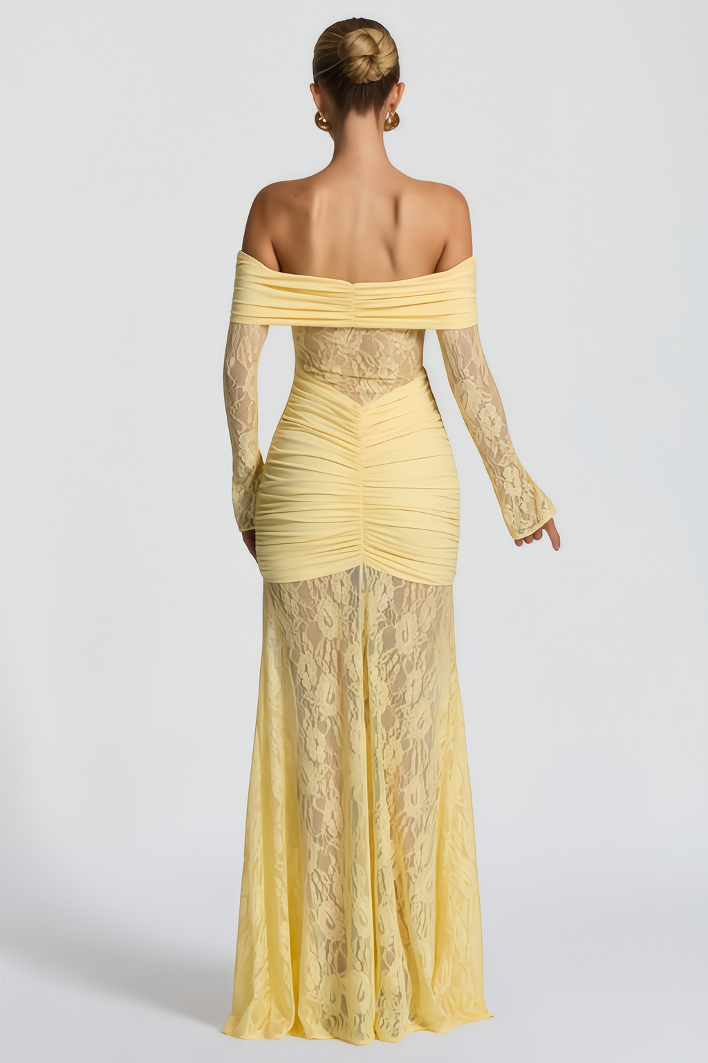 Brigitte Yellow Lace Panel Ruched Maxi Dress