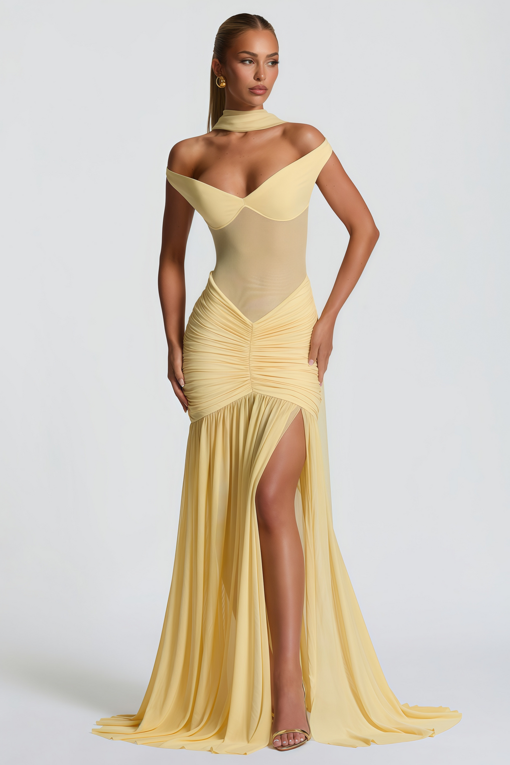 Geneviève Yellow Off Shoulder Ruched Maxi Dress