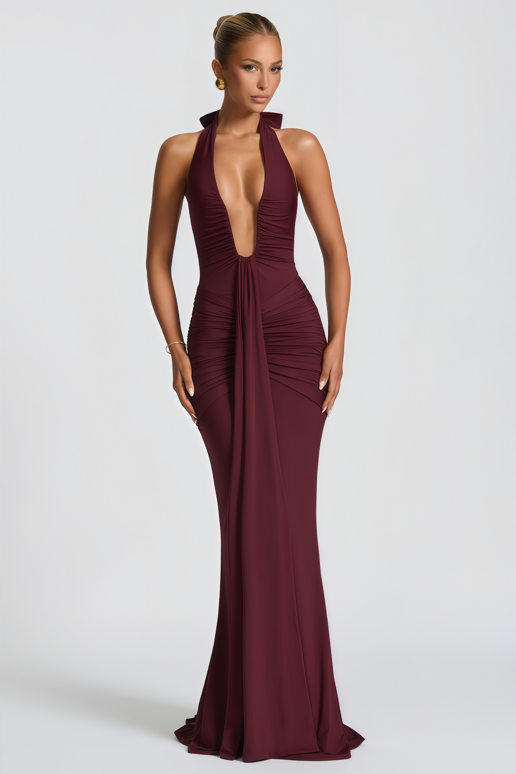 Aiglantine Burgundy Halterneck Ruched Maxi Dress