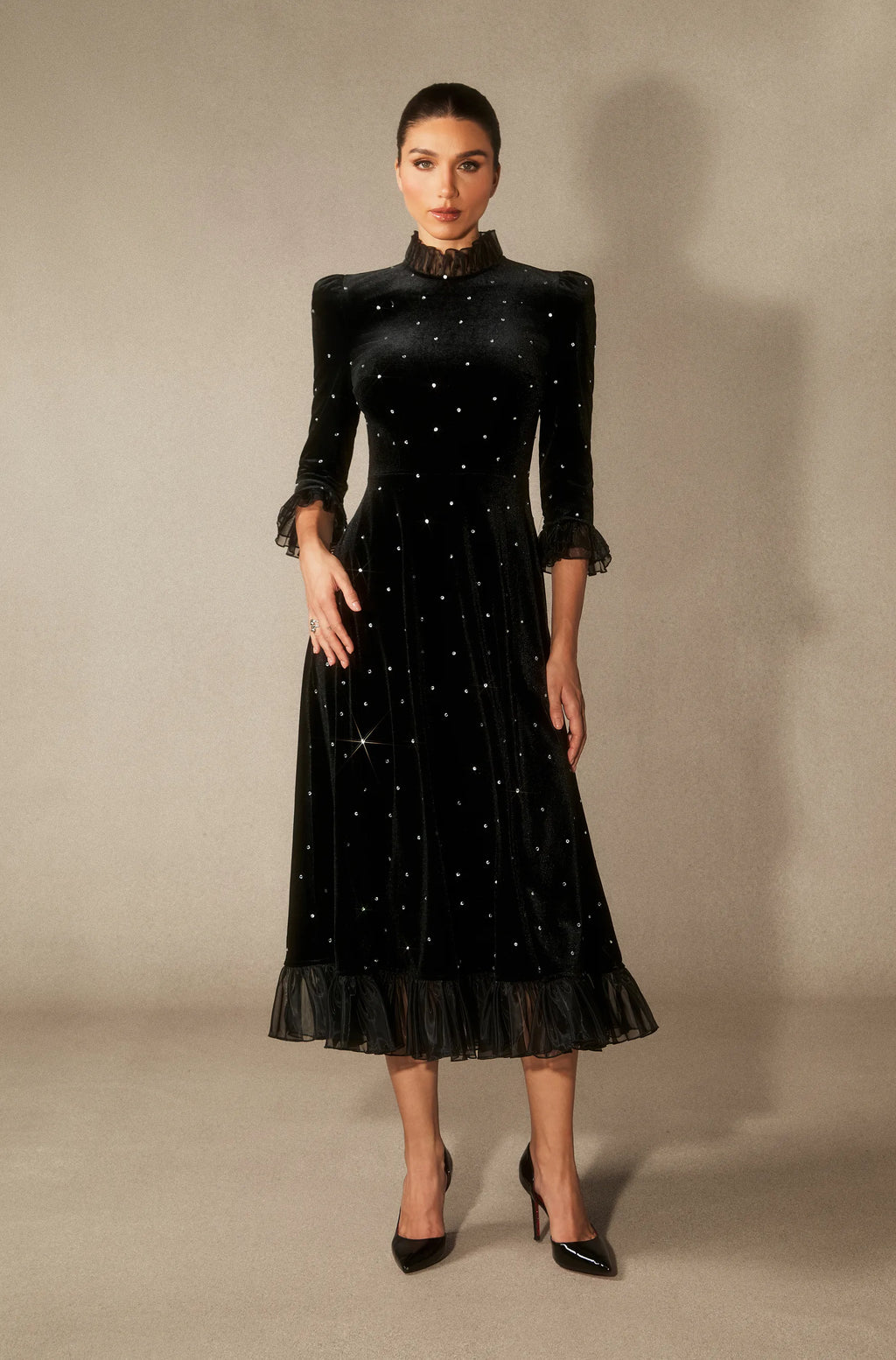 Jolie - Diamante Ruffle Velvet Maxi Dress