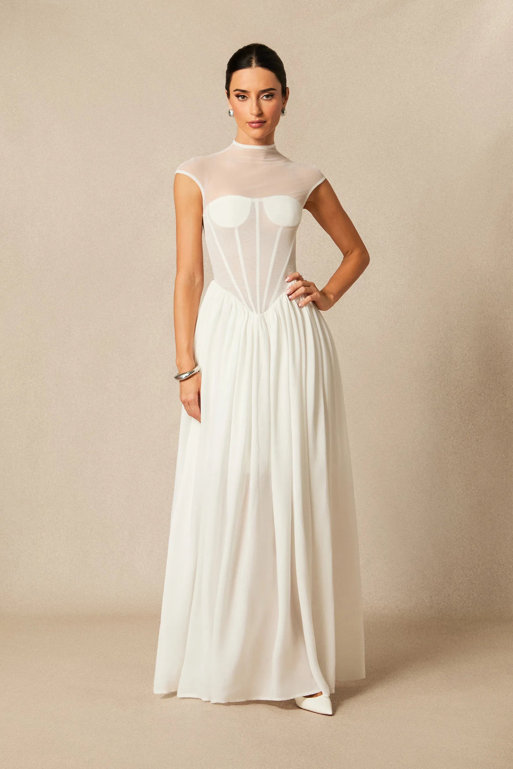 Alyssa - White Cap Sleeve Corset Maxi Dress