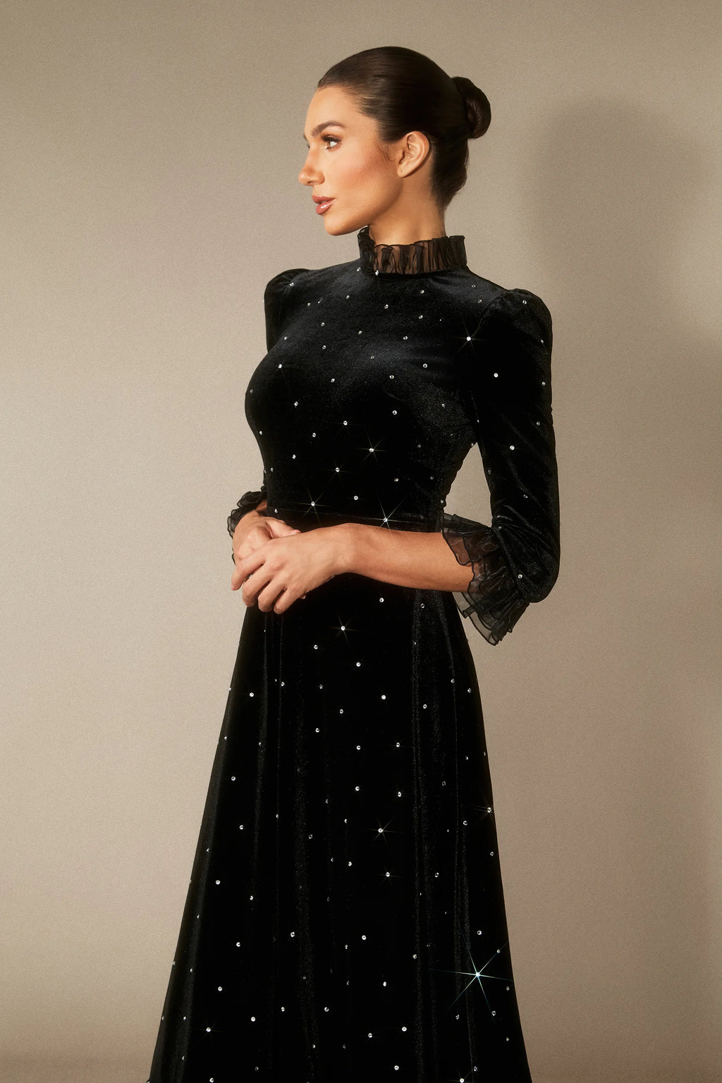 Jolie - Diamante Ruffle Velvet Maxi Dress