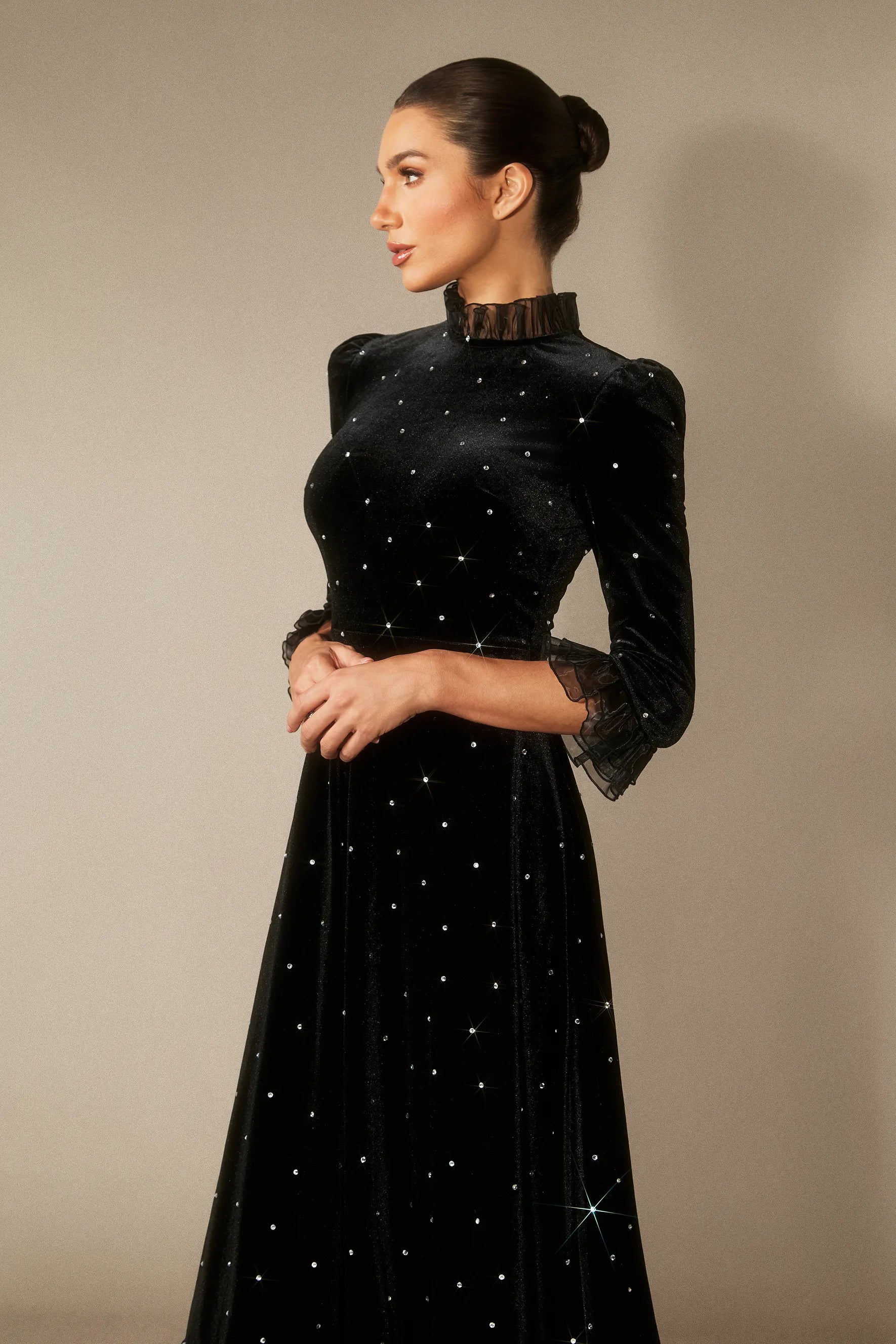 Jolie - Diamante Ruffle Velvet Maxi Dress