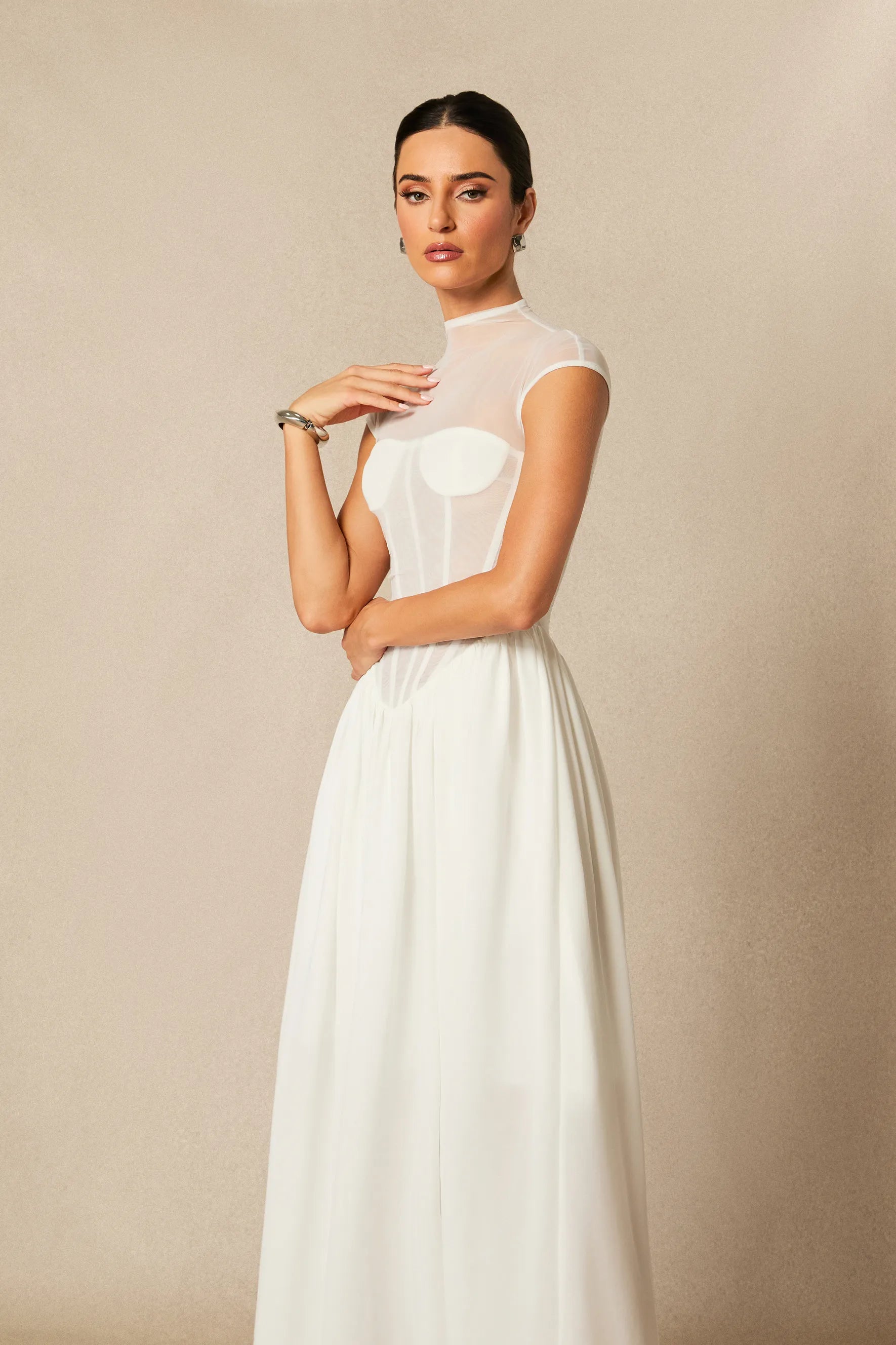 Alyssa - White Cap Sleeve Corset Maxi Dress