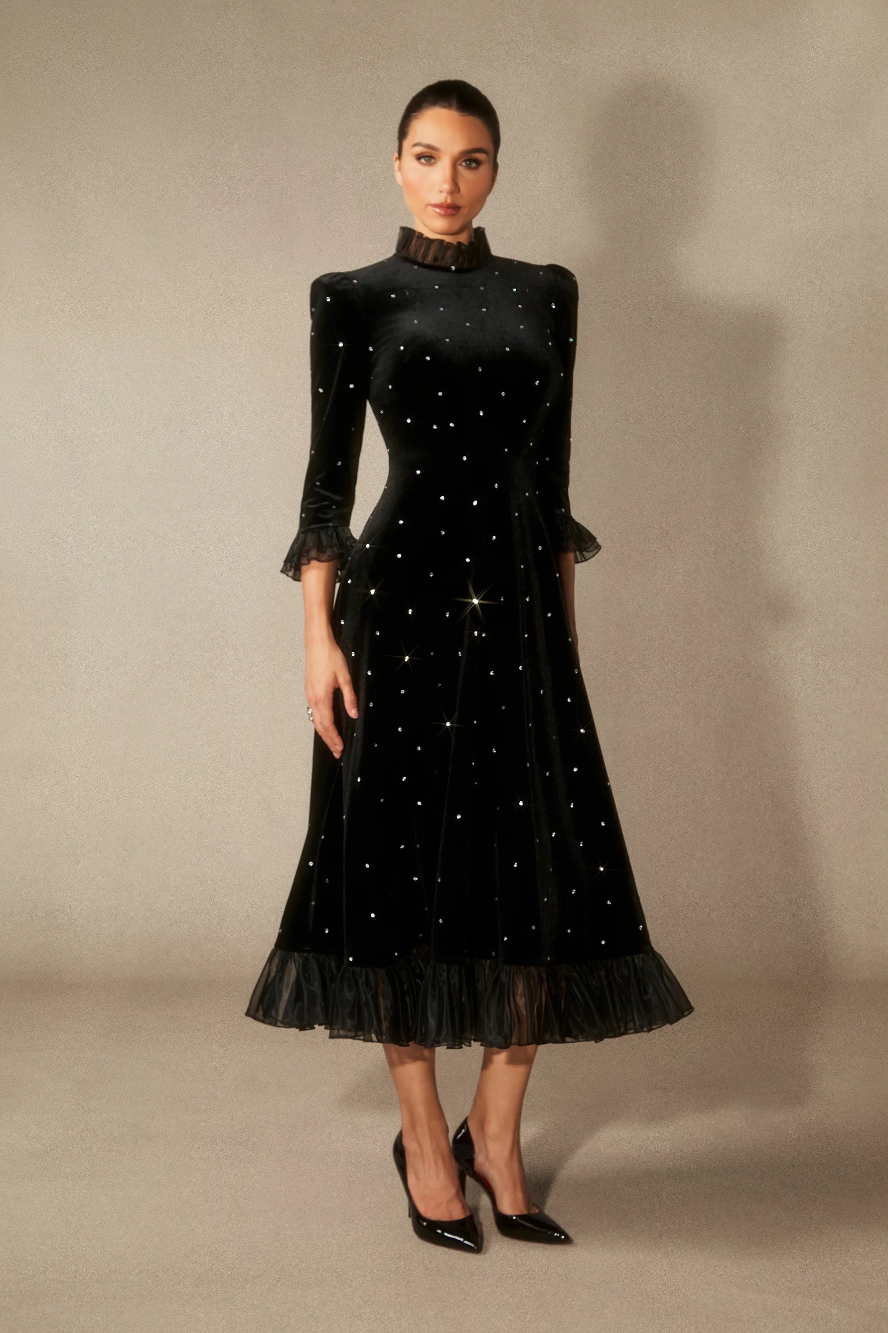 Jolie - Diamante Ruffle Velvet Maxi Dress