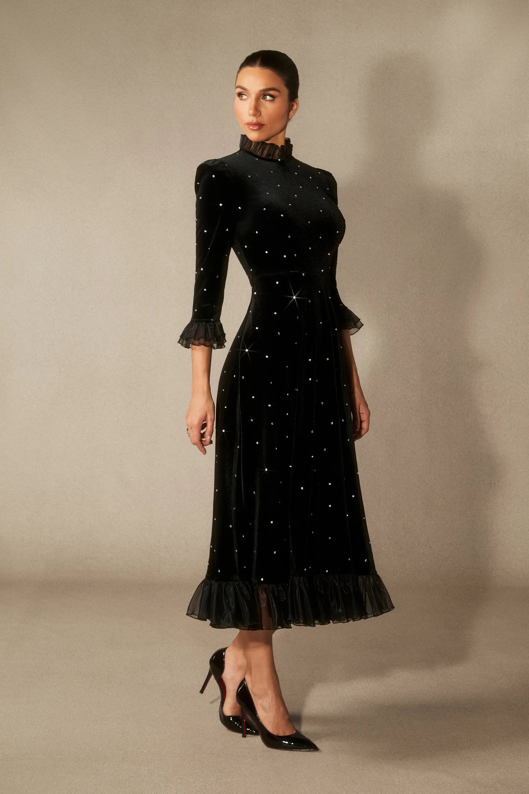 Jolie - Diamante Ruffle Velvet Maxi Dress