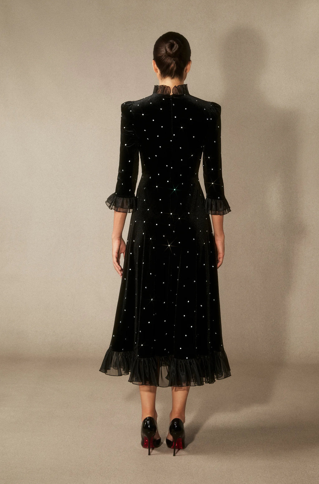 Jolie - Diamante Ruffle Velvet Maxi Dress