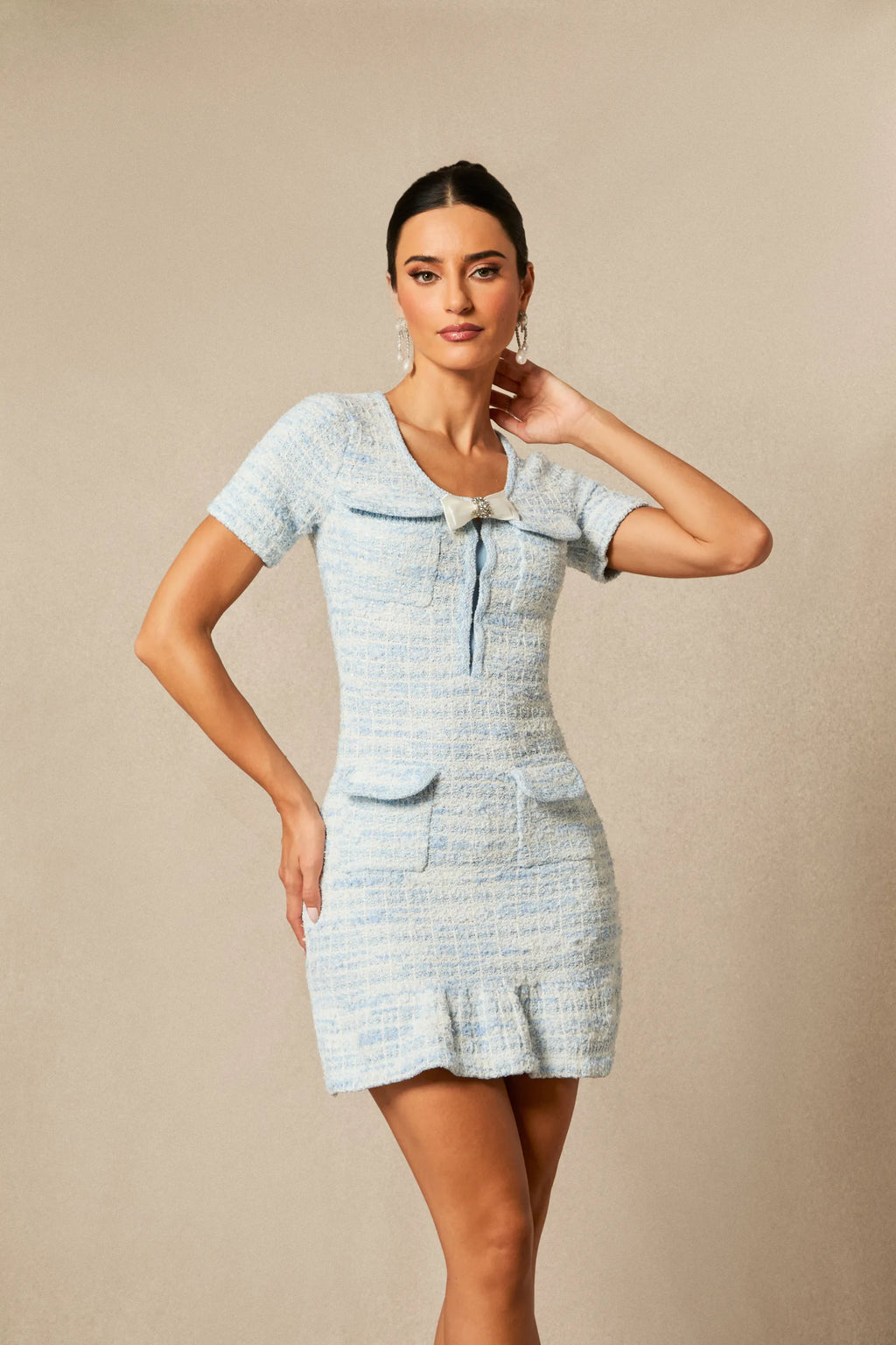 Ashley - Short Sleeve Bow Detail Tweed Mini Dress