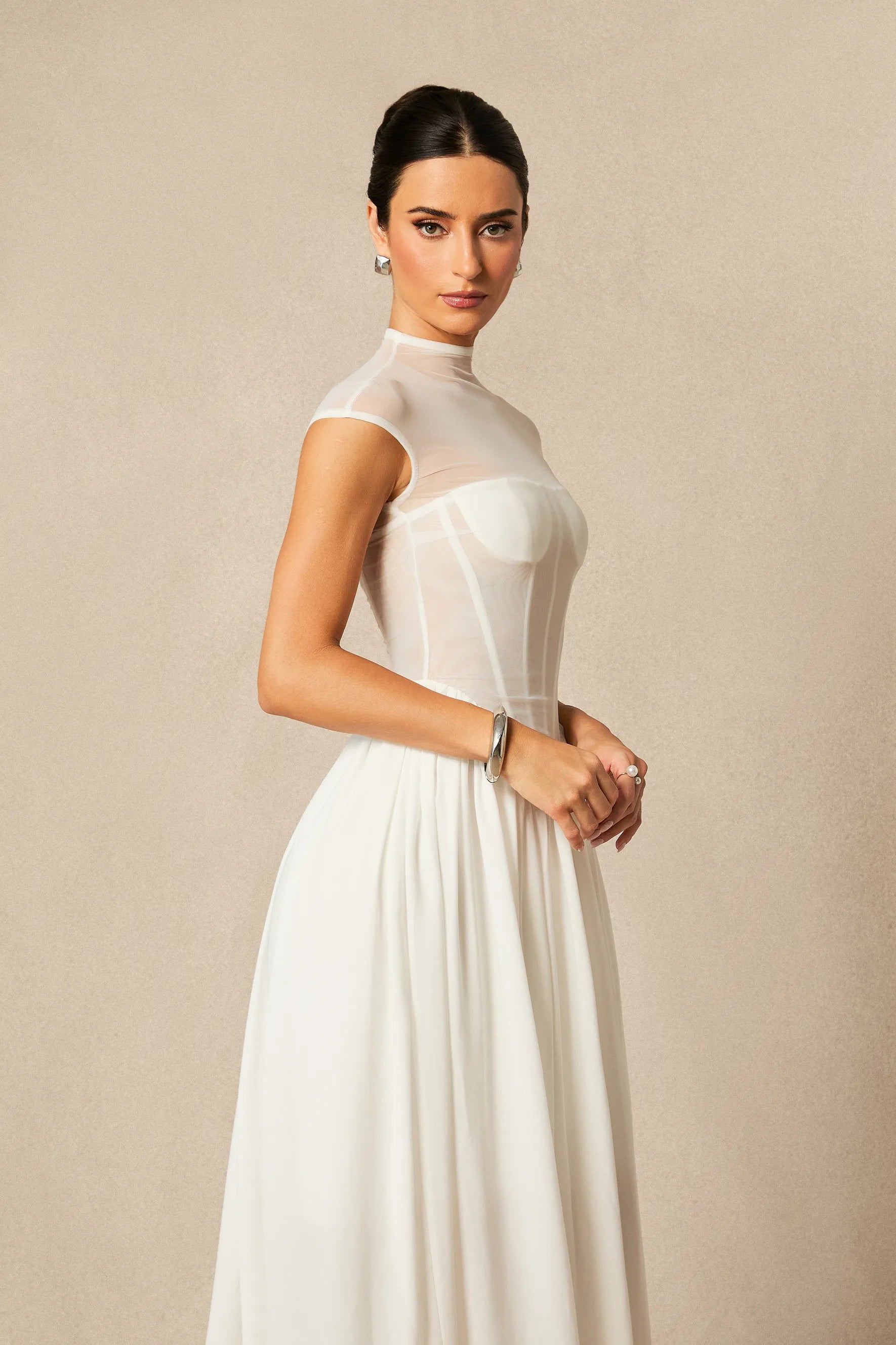 Alyssa - White Cap Sleeve Corset Maxi Dress