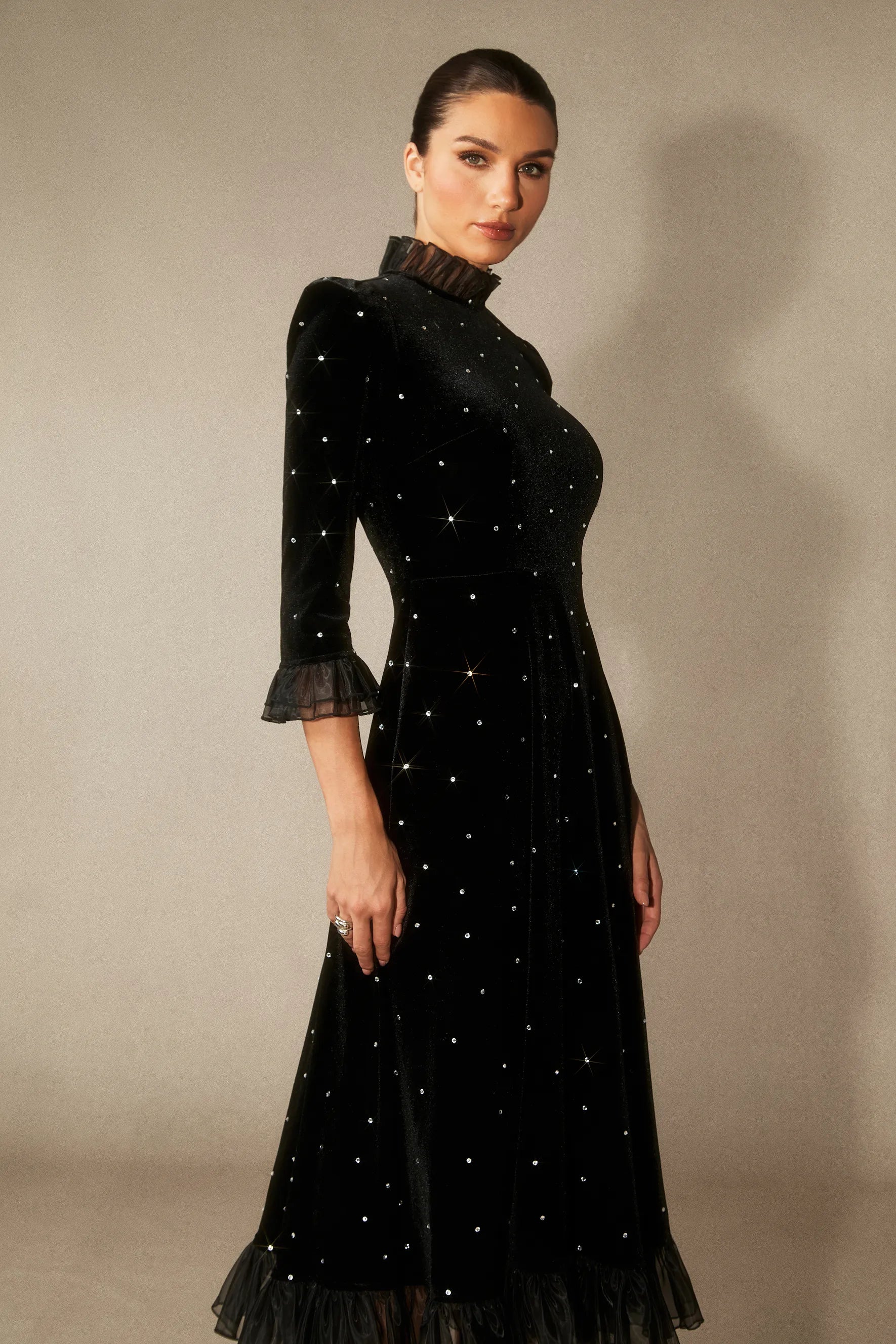 Jolie - Diamante Ruffle Velvet Maxi Dress