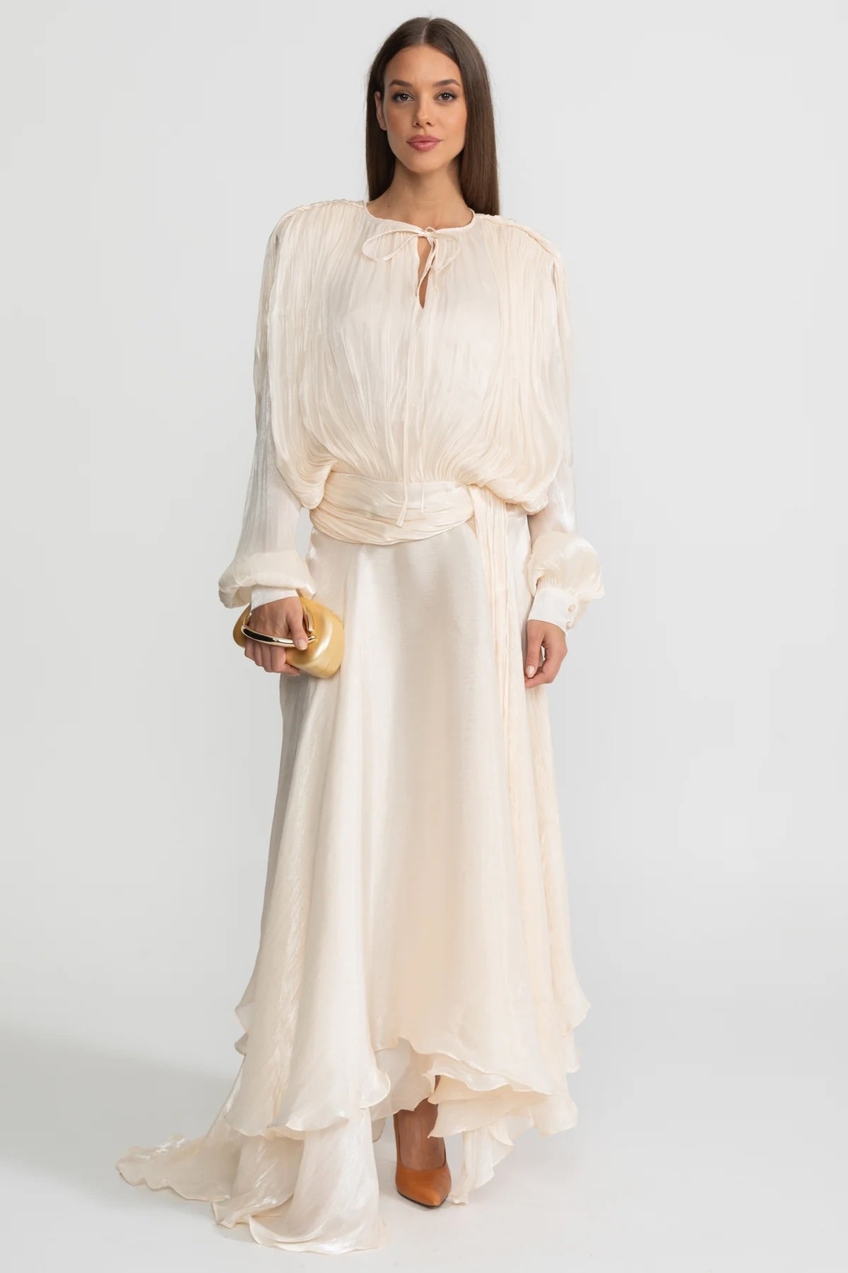 Maxi Dress with Pleated Bodice and Draped Skirt - Ivory