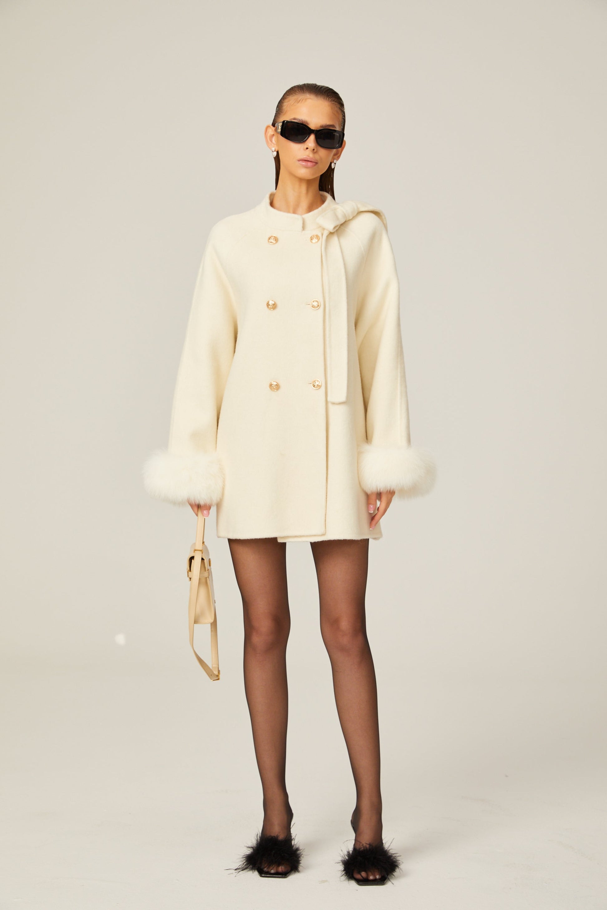 Leila - White Wool fur Bowknot Coat