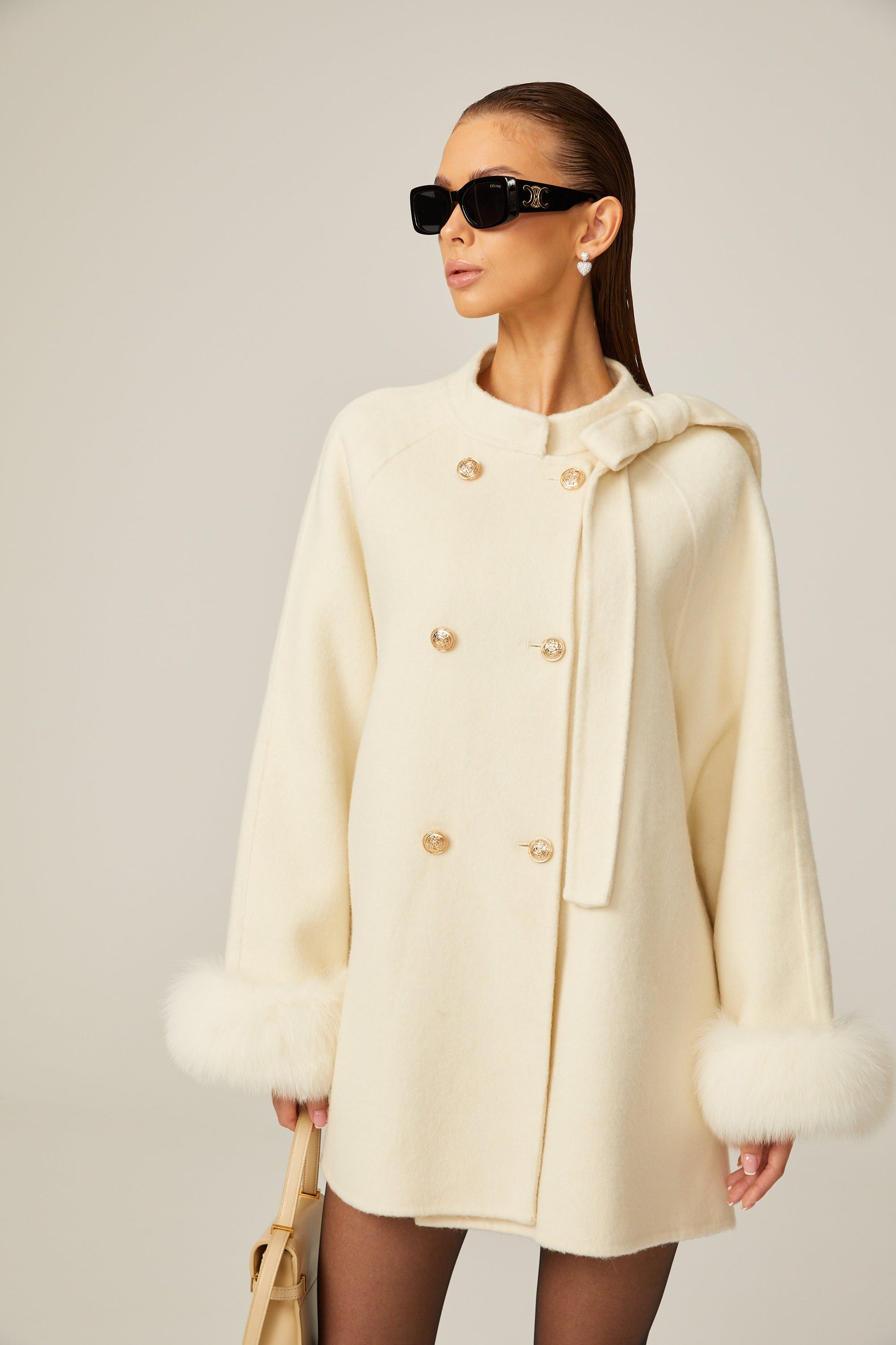 Leila - White Wool fur Bowknot Coat