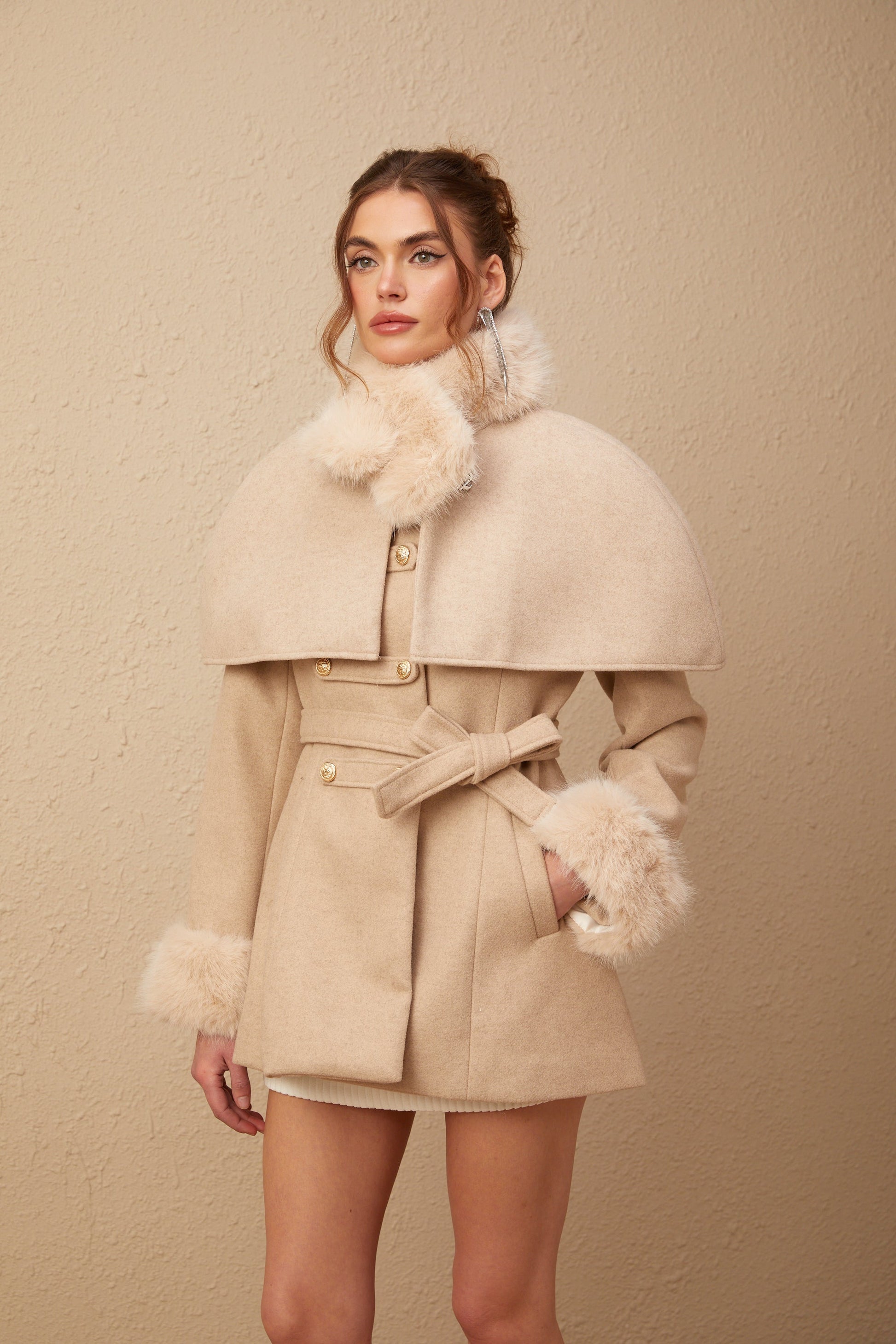 Kendall - Detachable-cape Faux-fur Coat
