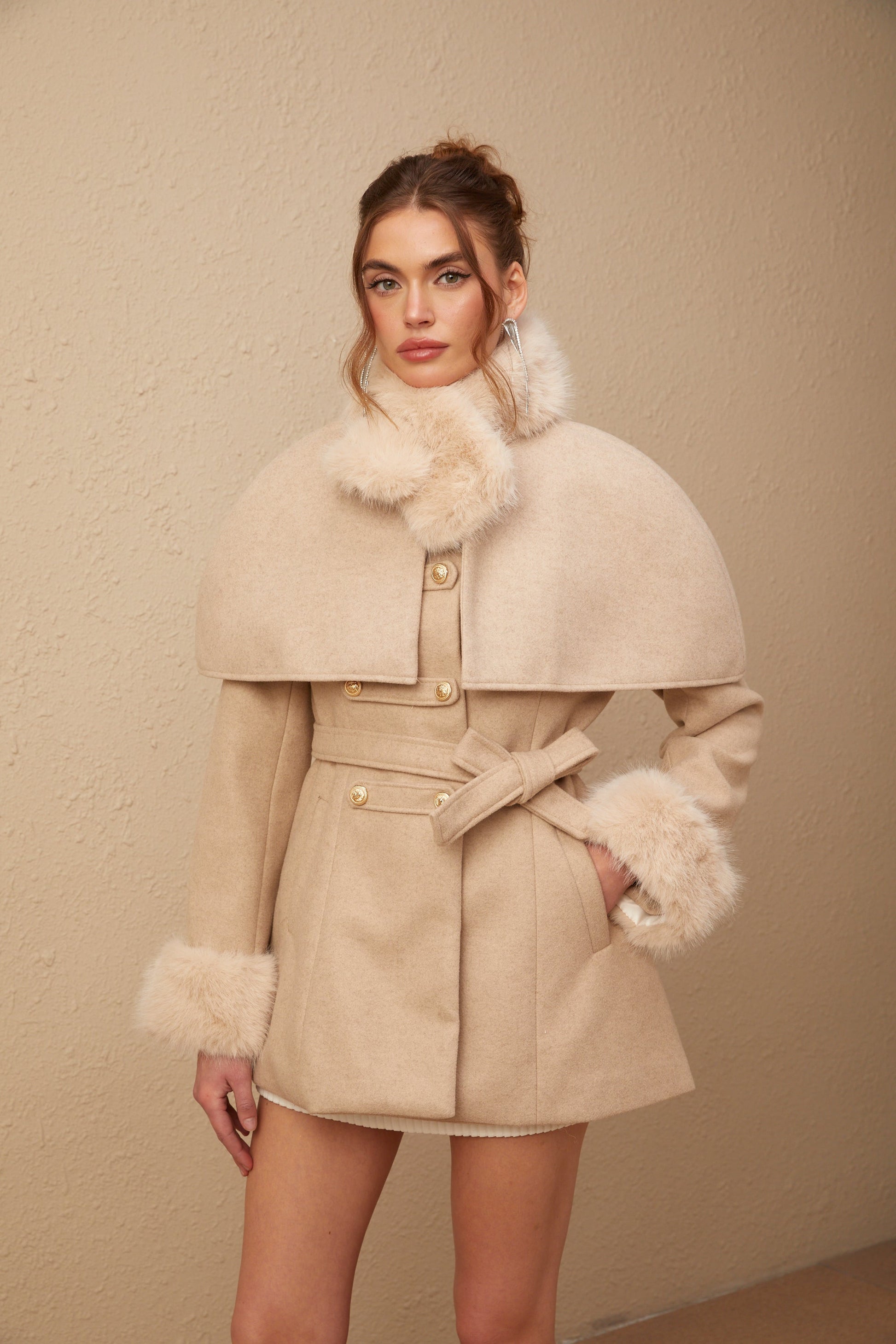 Kendall - Detachable-cape Faux-fur Coat