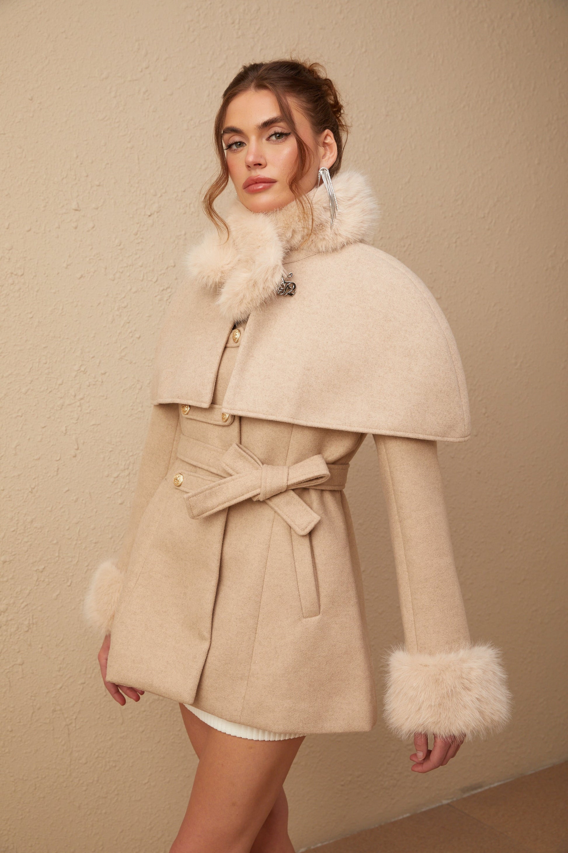 Kendall - Detachable-cape Faux-fur Coat