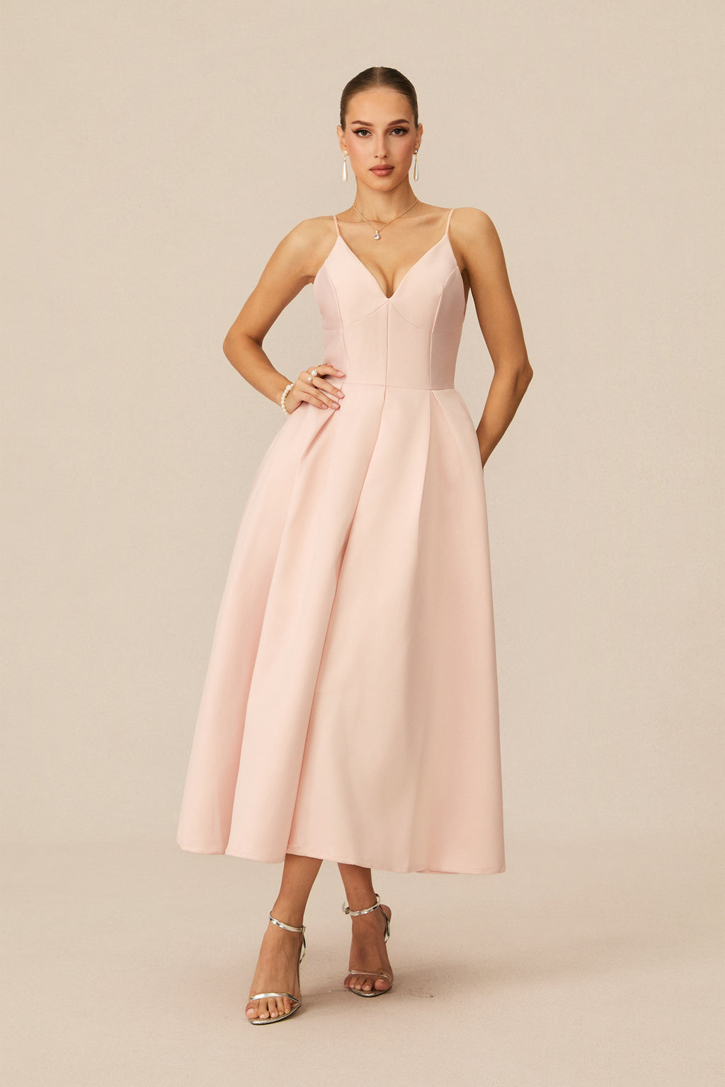 Enchant My Love Pink V-Neck Spaghetti Strap Midi Dress