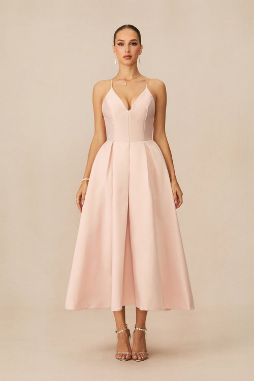 Enchant My Love Pink V-Neck Spaghetti Strap Midi Dress