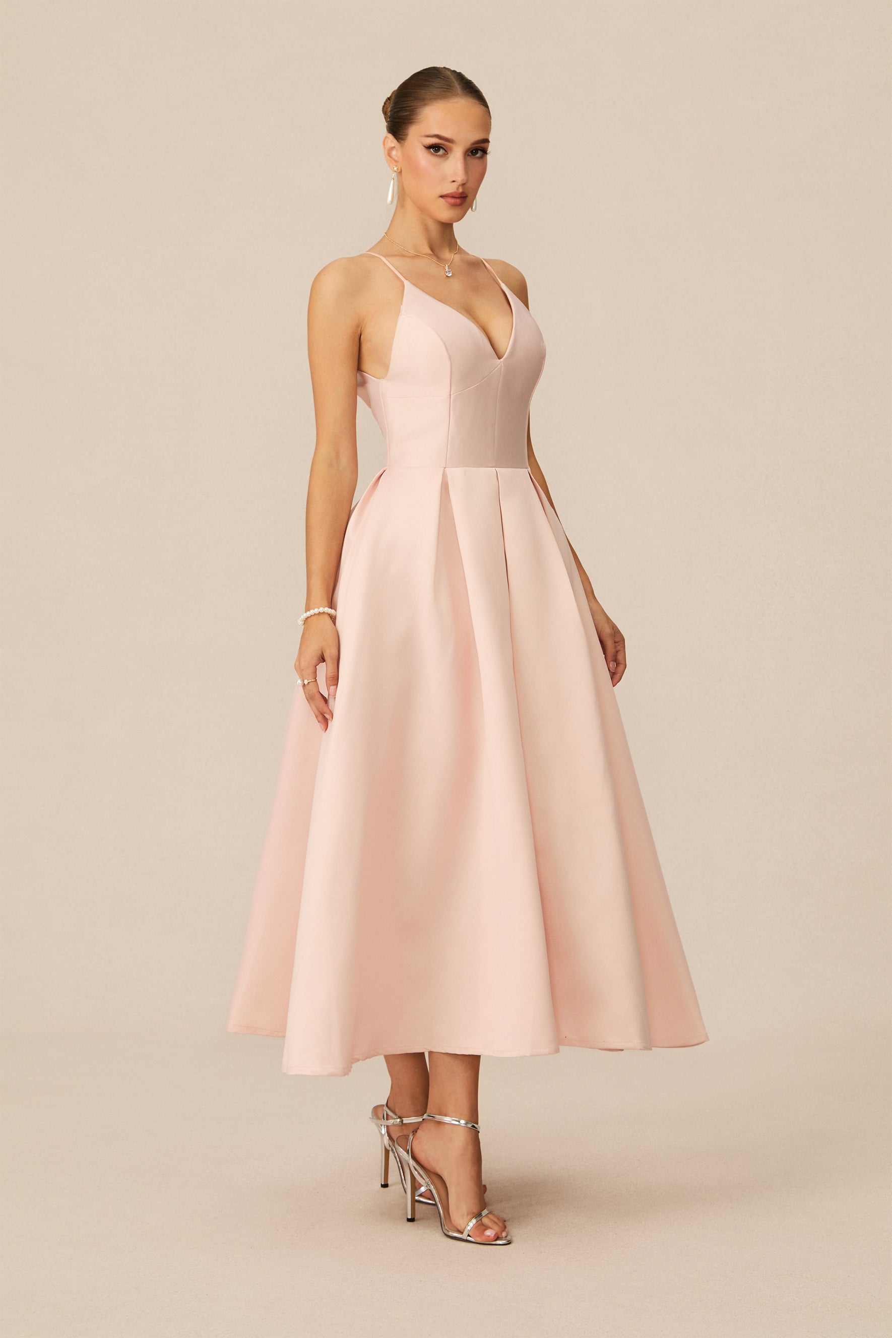 Enchant My Love Pink V-Neck Spaghetti Strap Midi Dress