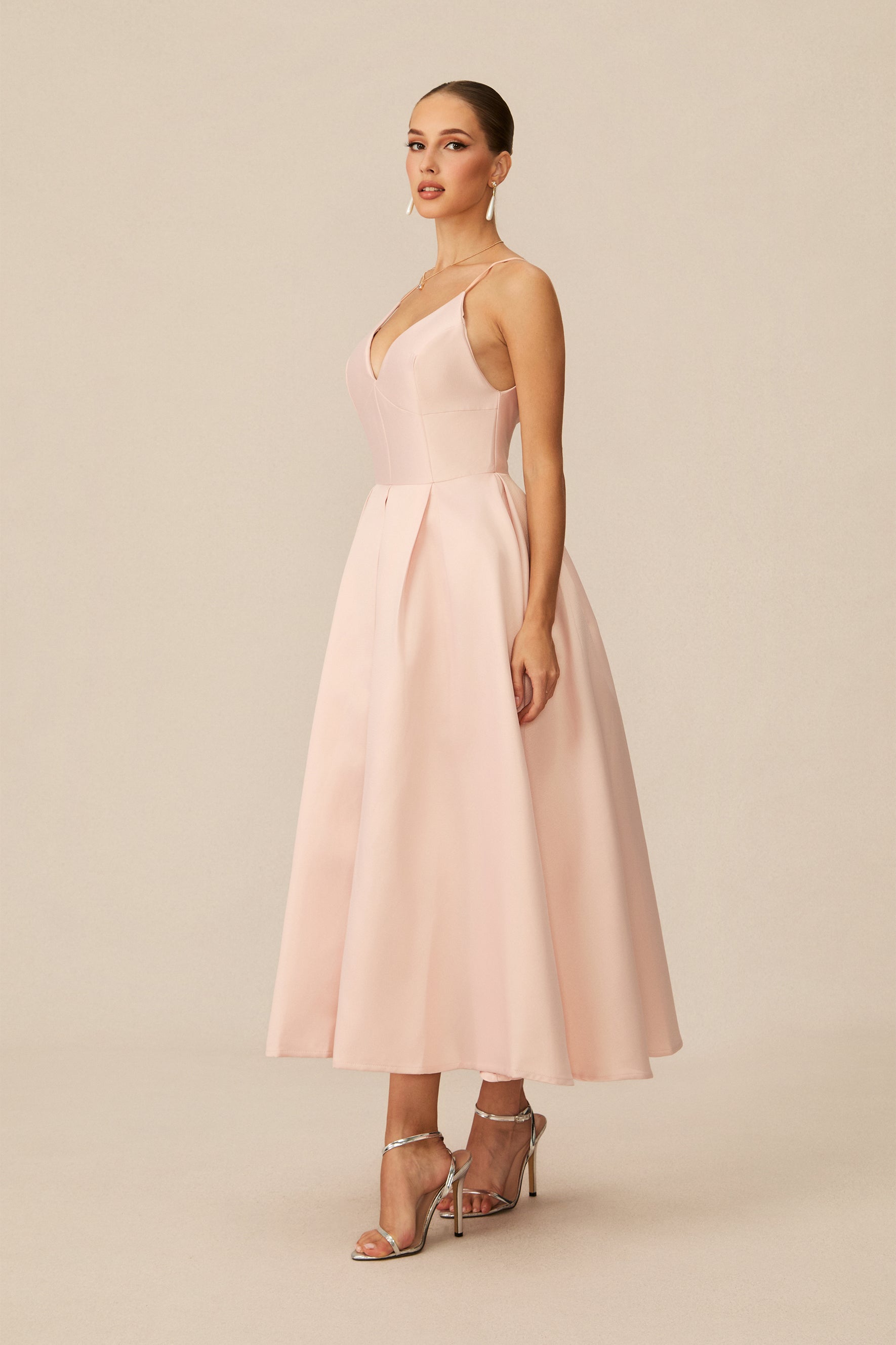 Enchant My Love Pink V-Neck Spaghetti Strap Midi Dress