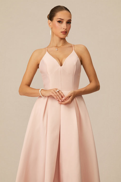 Enchant My Love Pink V-Neck Spaghetti Strap Midi Dress