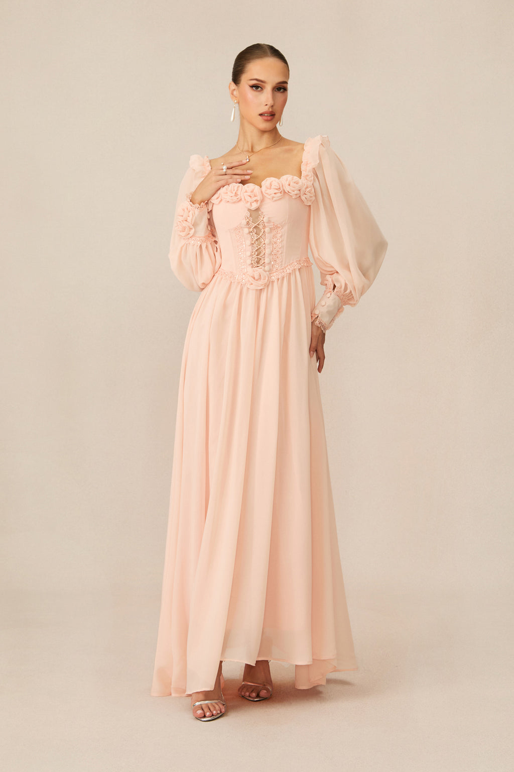 Enticing Aesthetic Apricot Rosette Trim Maxi Dress
