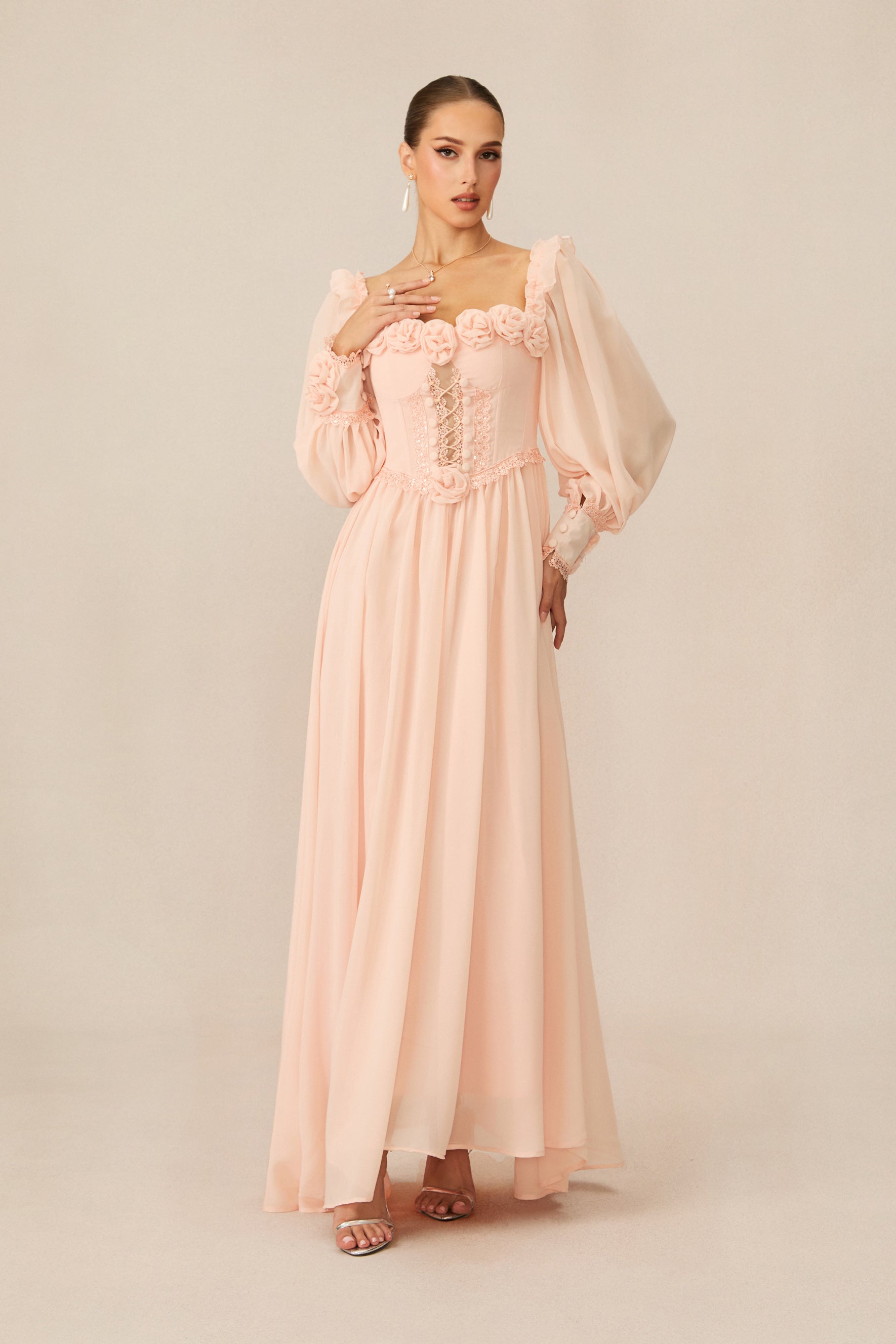 Enticing Aesthetic Apricot Rosette Trim Maxi Dress
