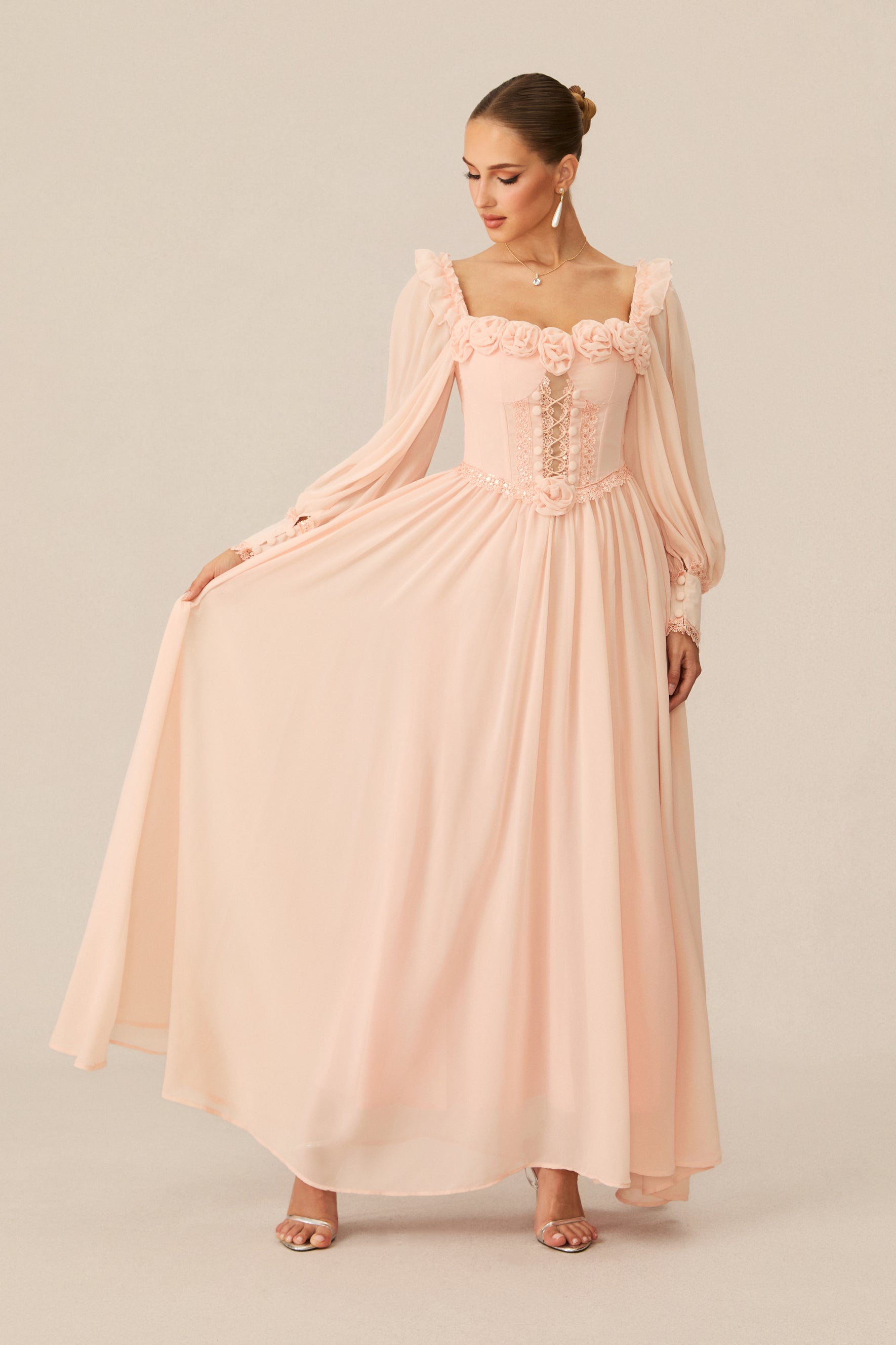 Enticing Aesthetic Apricot Rosette Trim Maxi Dress