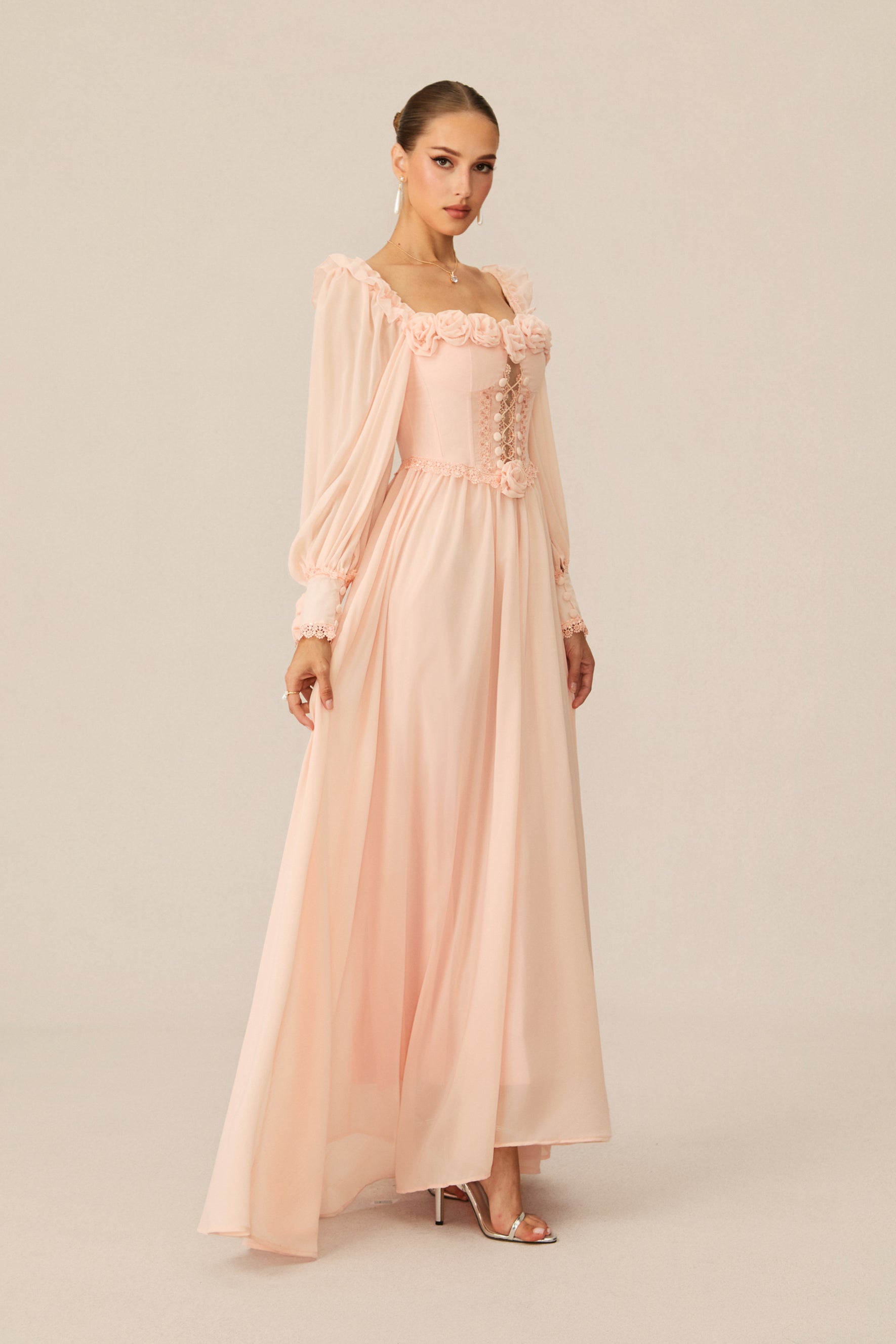 Enticing Aesthetic Apricot Rosette Trim Maxi Dress