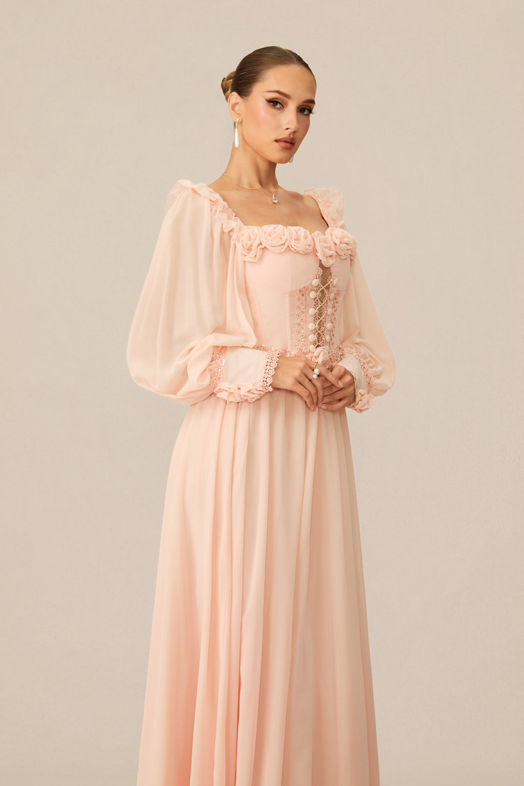 Enticing Aesthetic Apricot Rosette Trim Maxi Dress