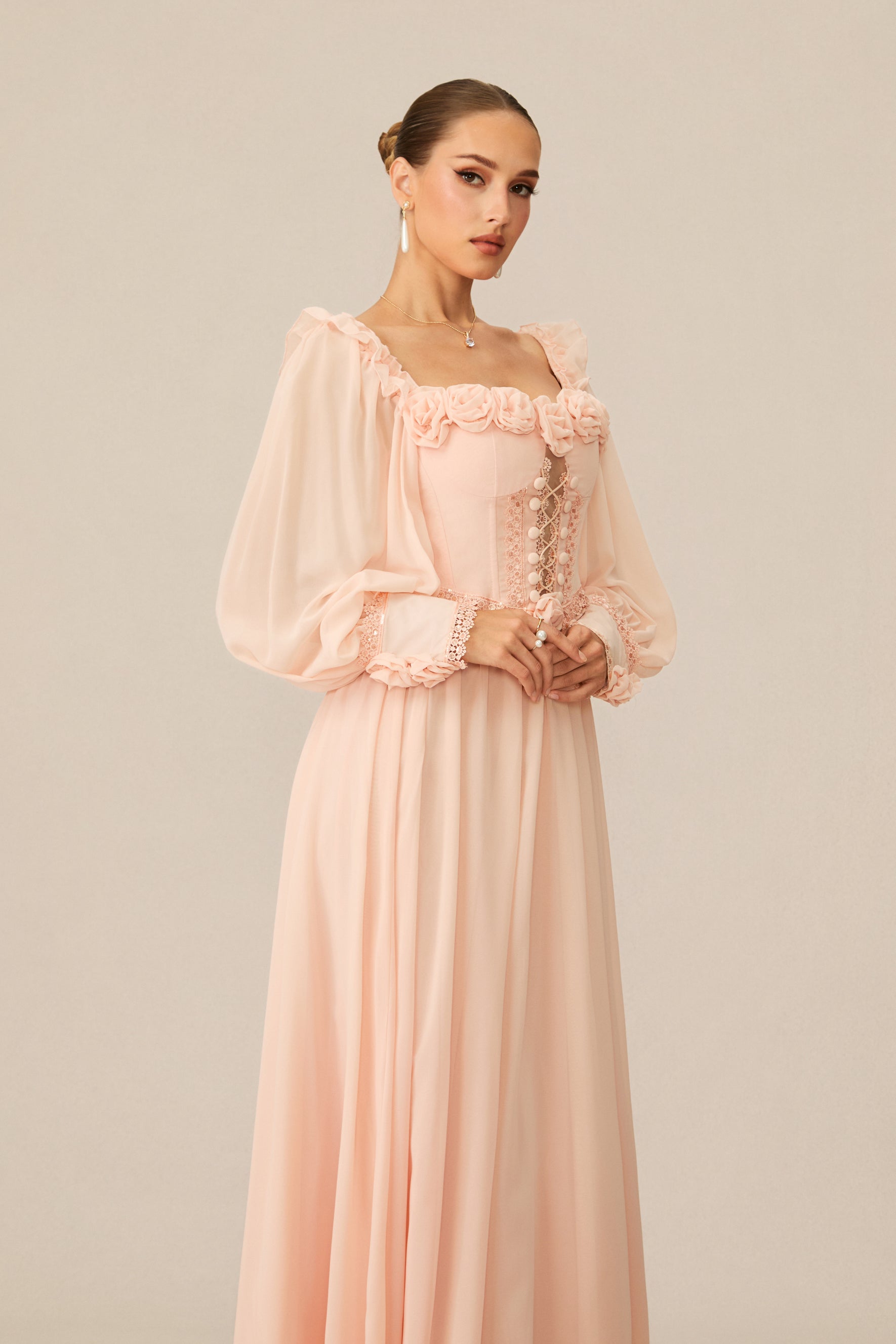 Enticing Aesthetic Apricot Rosette Trim Maxi Dress