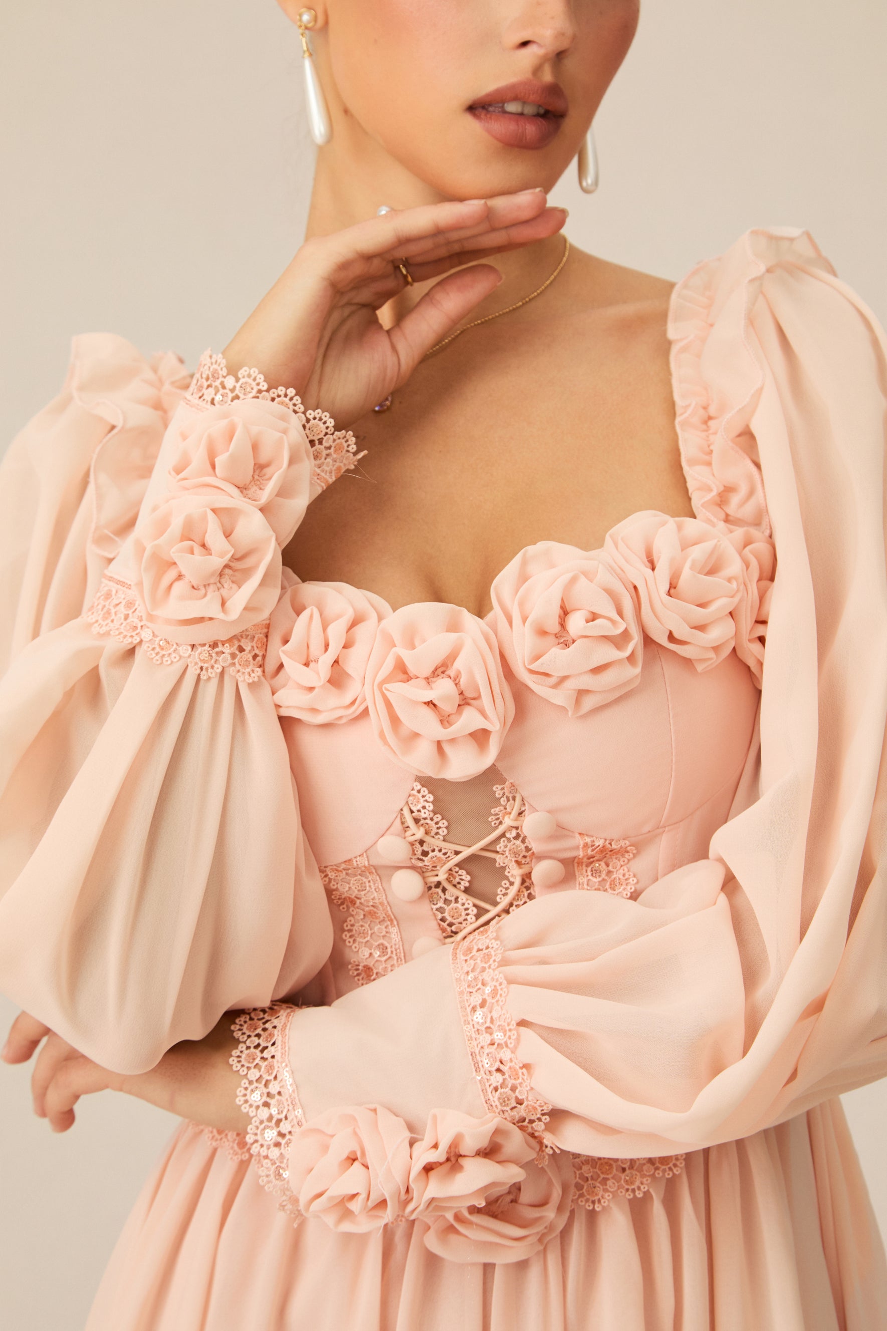 Enticing Aesthetic Apricot Rosette Trim Maxi Dress