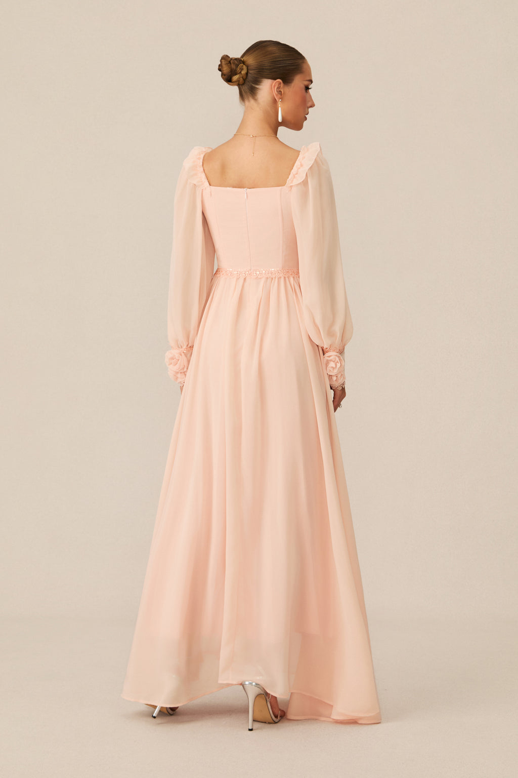 Enticing Aesthetic Apricot Rosette Trim Maxi Dress