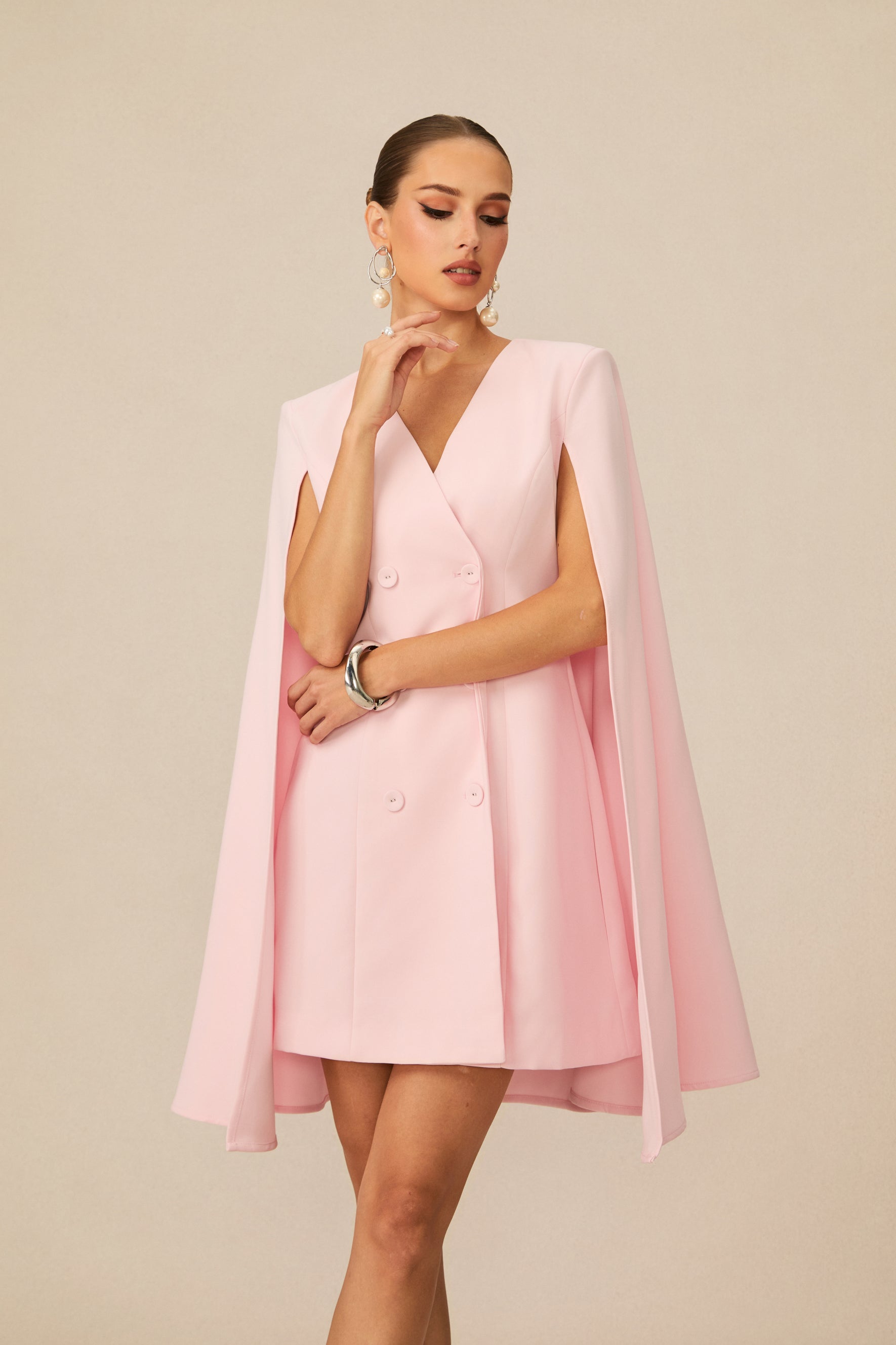 Elegant Pink Double-Knotted Cape Mini Dress