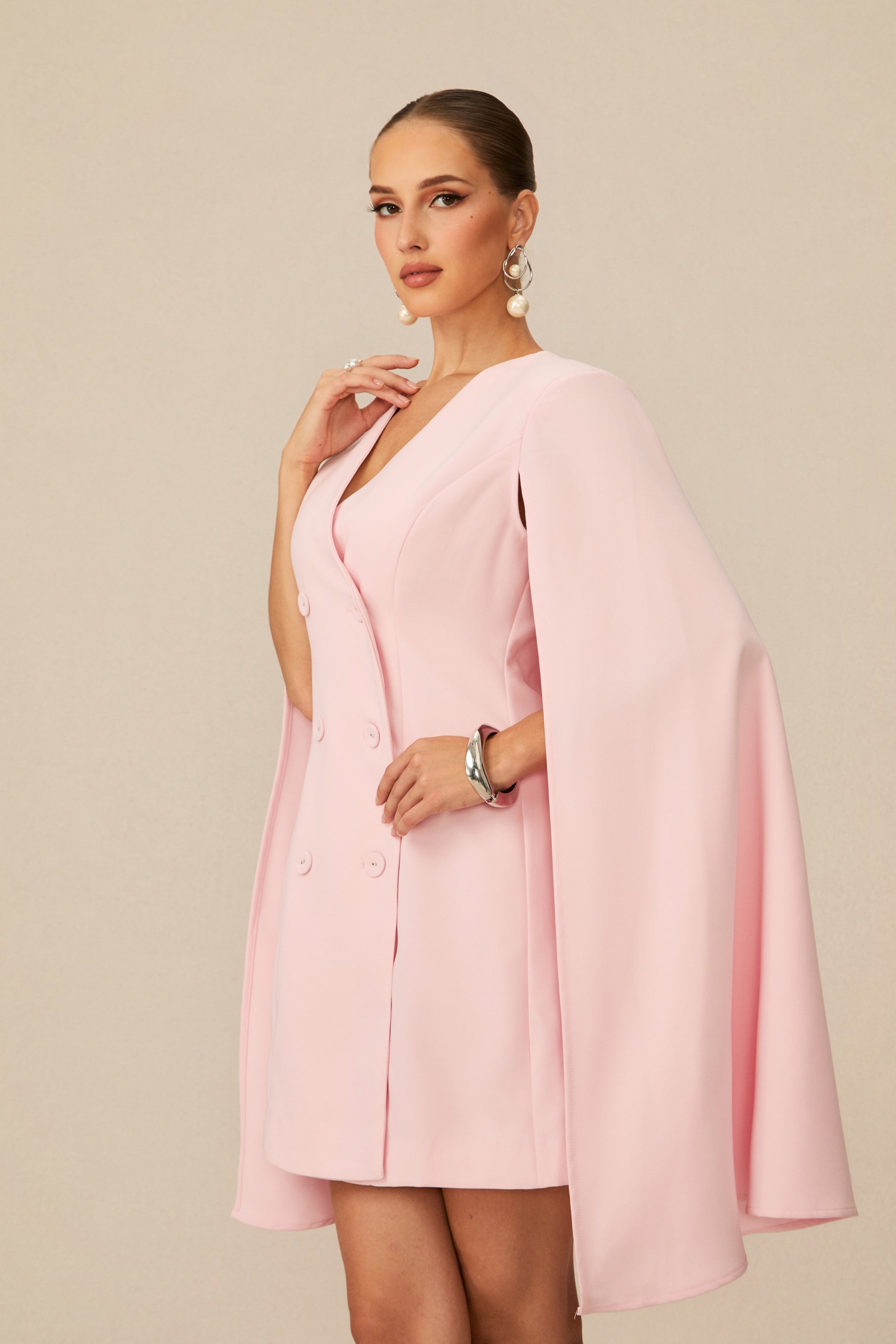 Elegant Pink Double-Knotted Cape Mini Dress