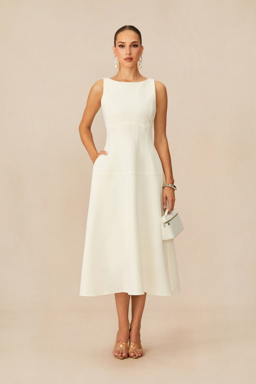 Classic Charm White Sleeveless Midi Dress