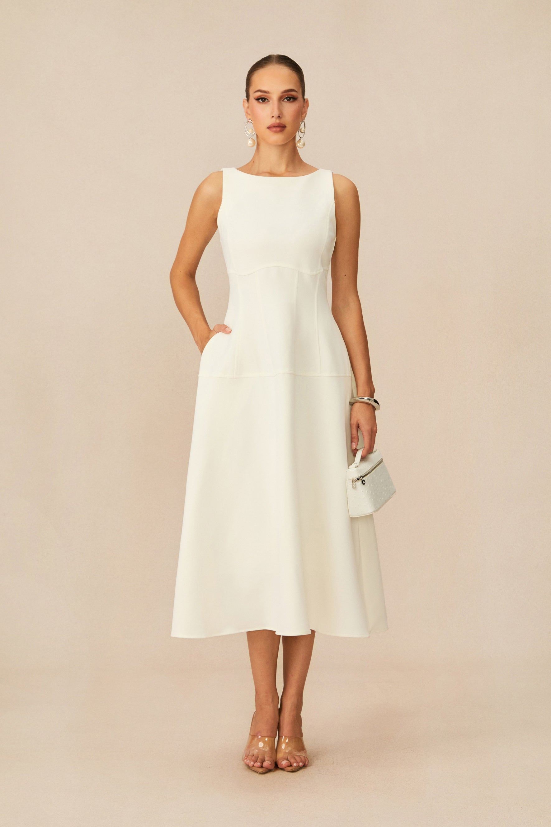 Classic Charm White Sleeveless Midi Dress