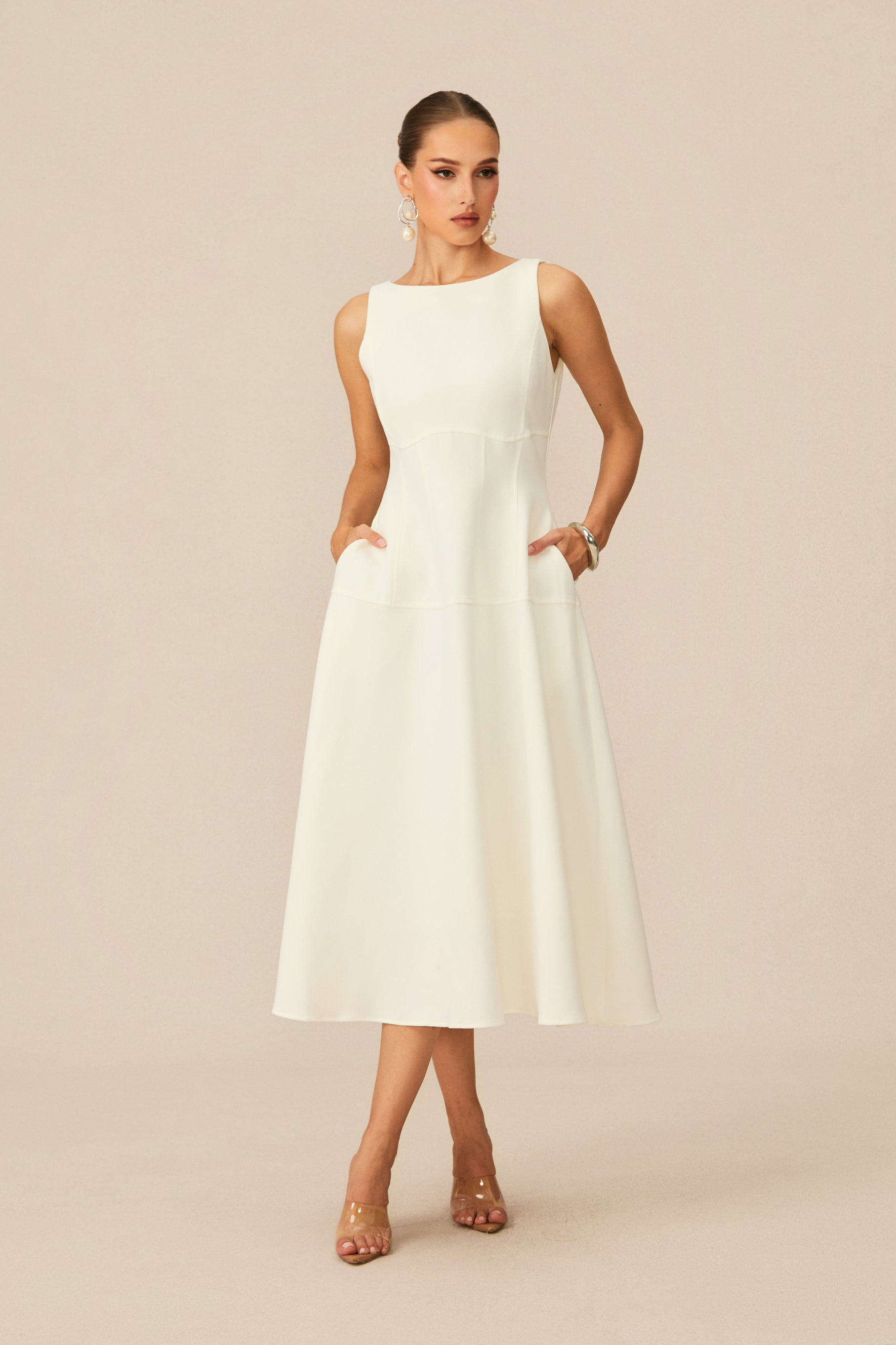 Classic Charm White Sleeveless Midi Dress