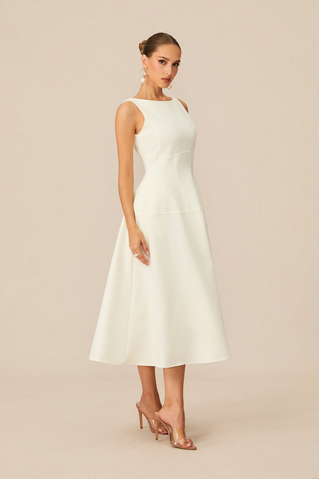 Classic Charm White Sleeveless Midi Dress