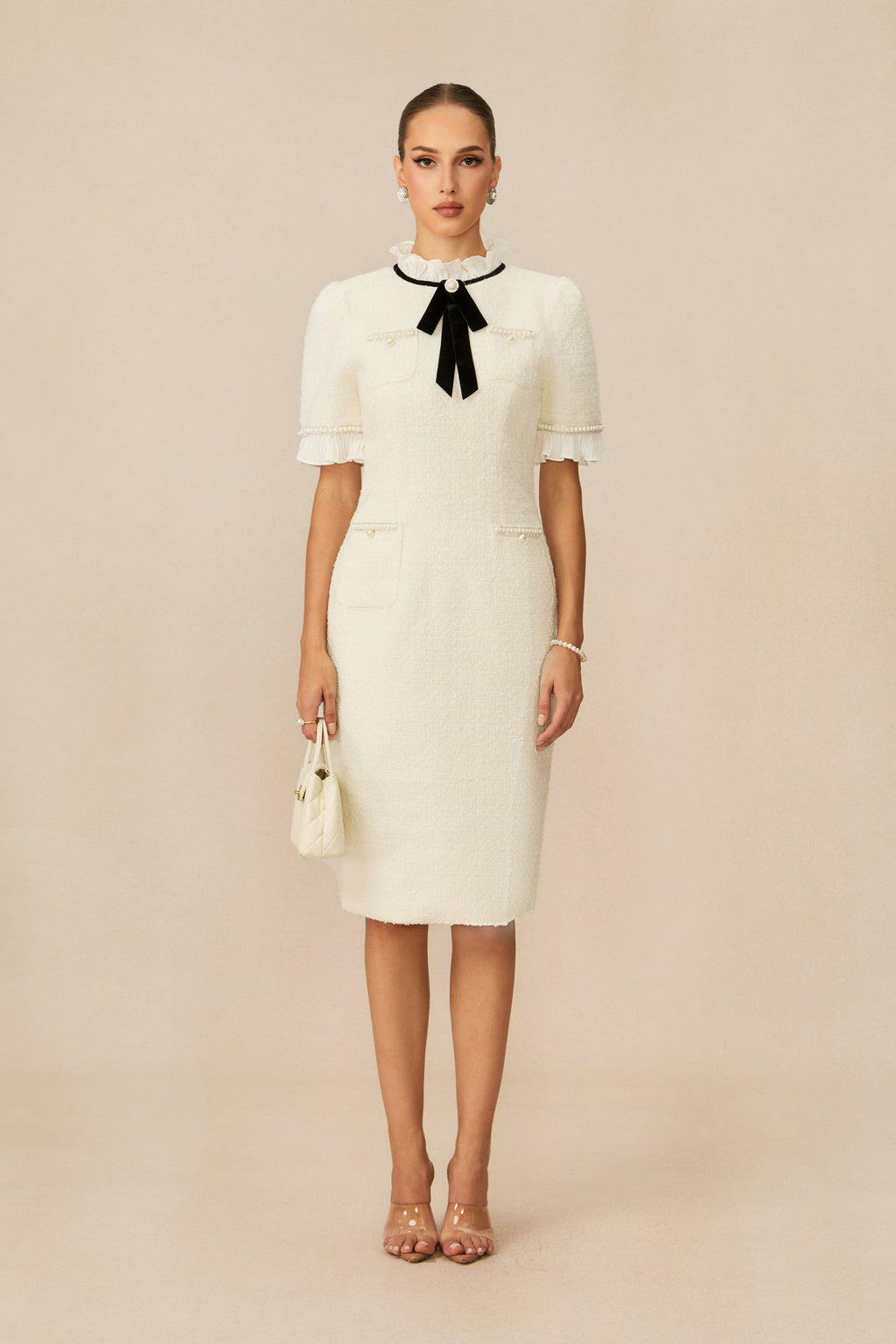 Precious and Perfect White Velvet Bow Ruffle Midi Dress