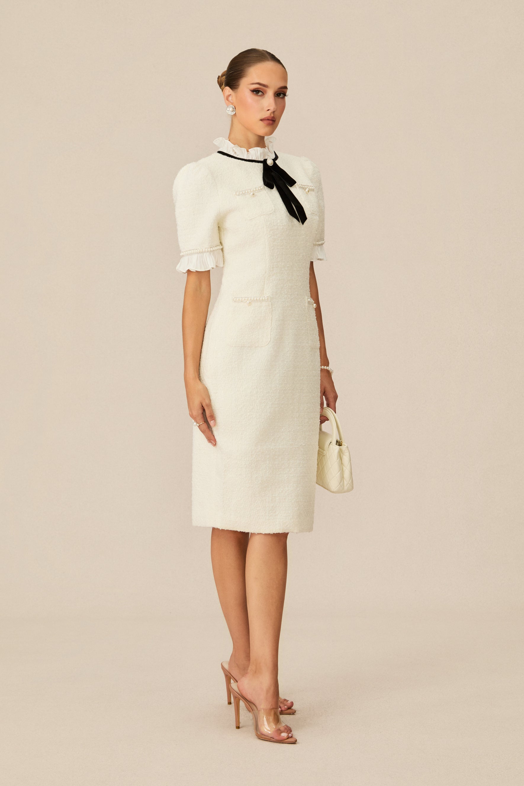 Precious and Perfect White Velvet Bow Ruffle Midi Dress