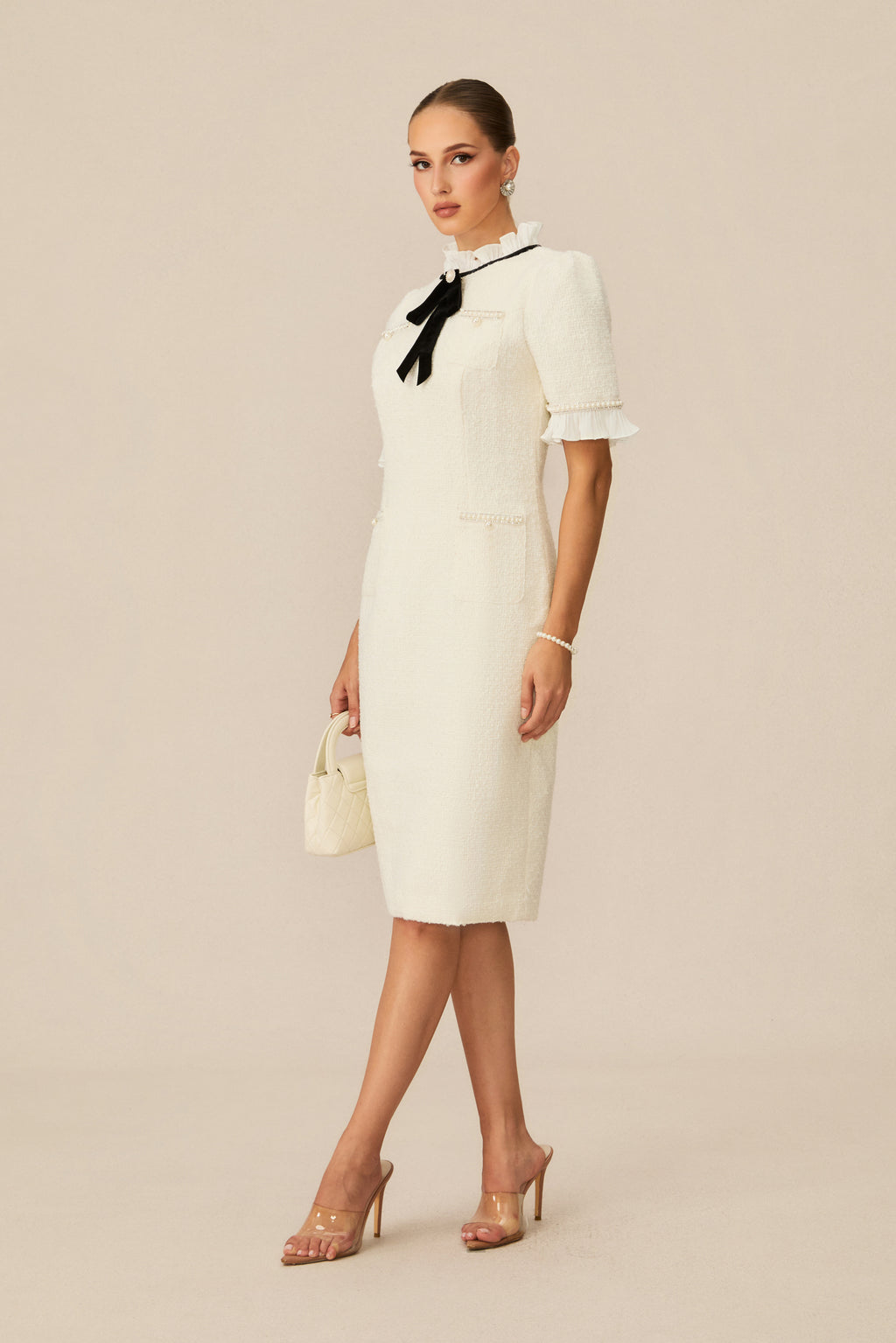 Precious And Perfect White Velvet Bow Ruffled Mini Dress