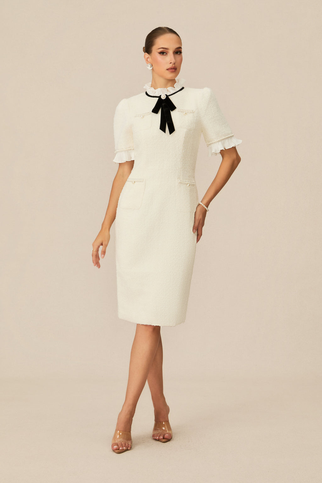 Precious and Perfect White Velvet Bow Ruffle Midi Dress