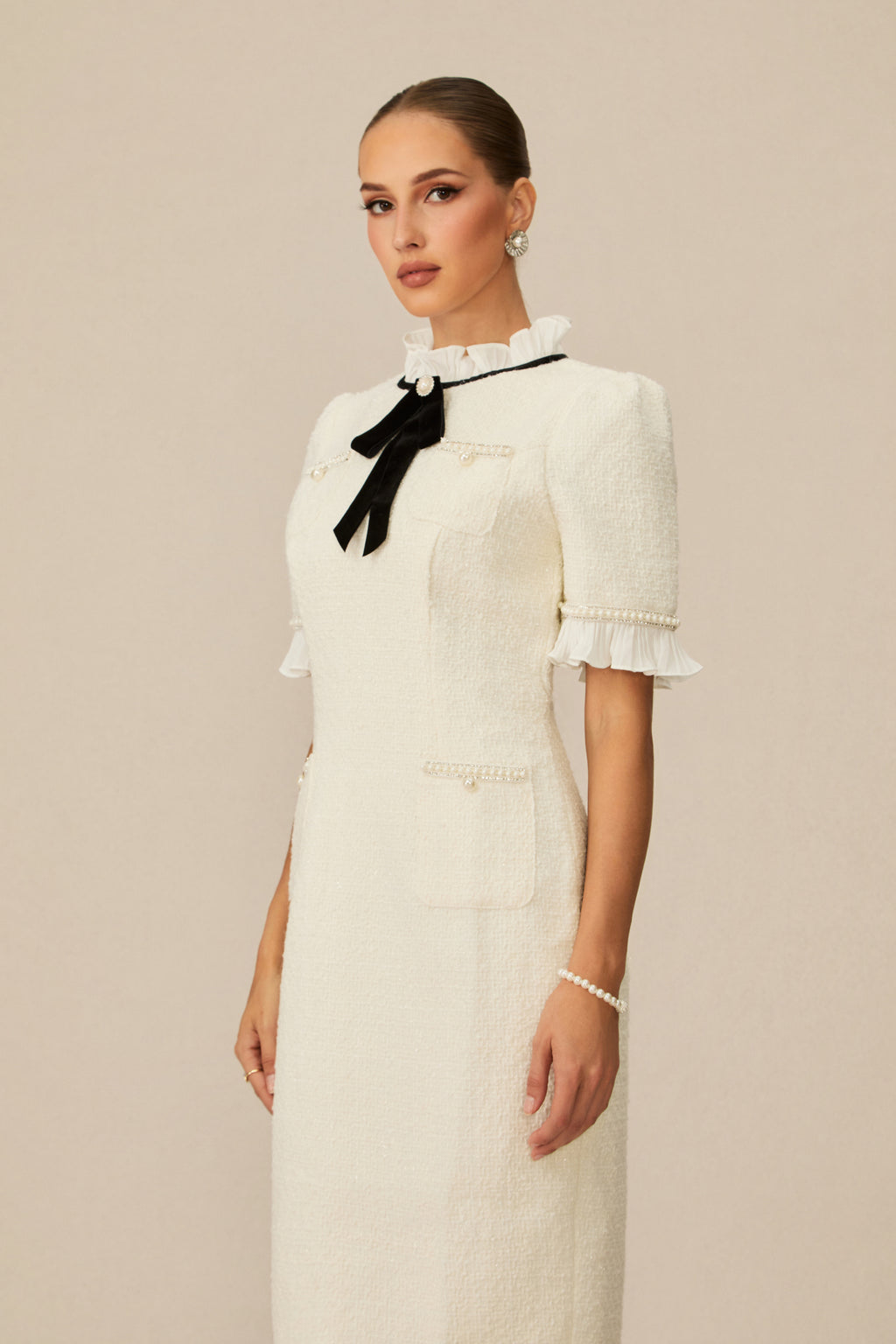 Precious and Perfect White Velvet Bow Ruffle Midi Dress