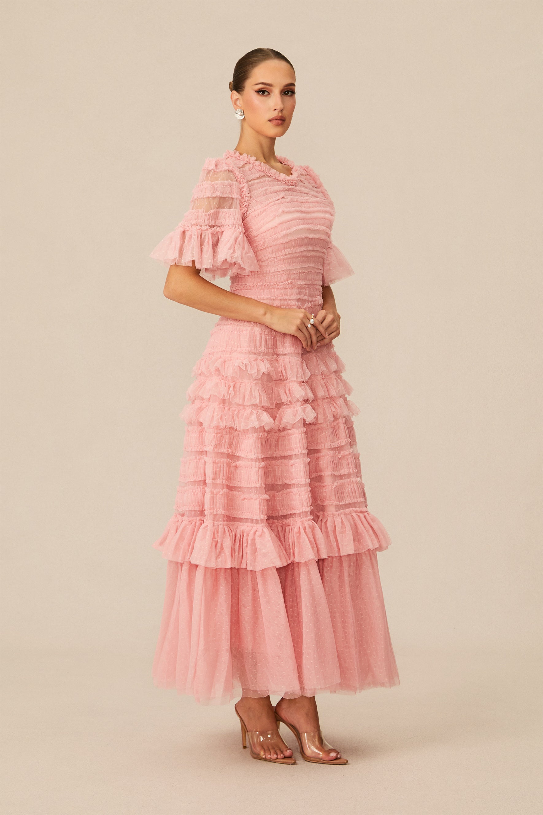 Pink Layered Maxi Dress With Ruffles