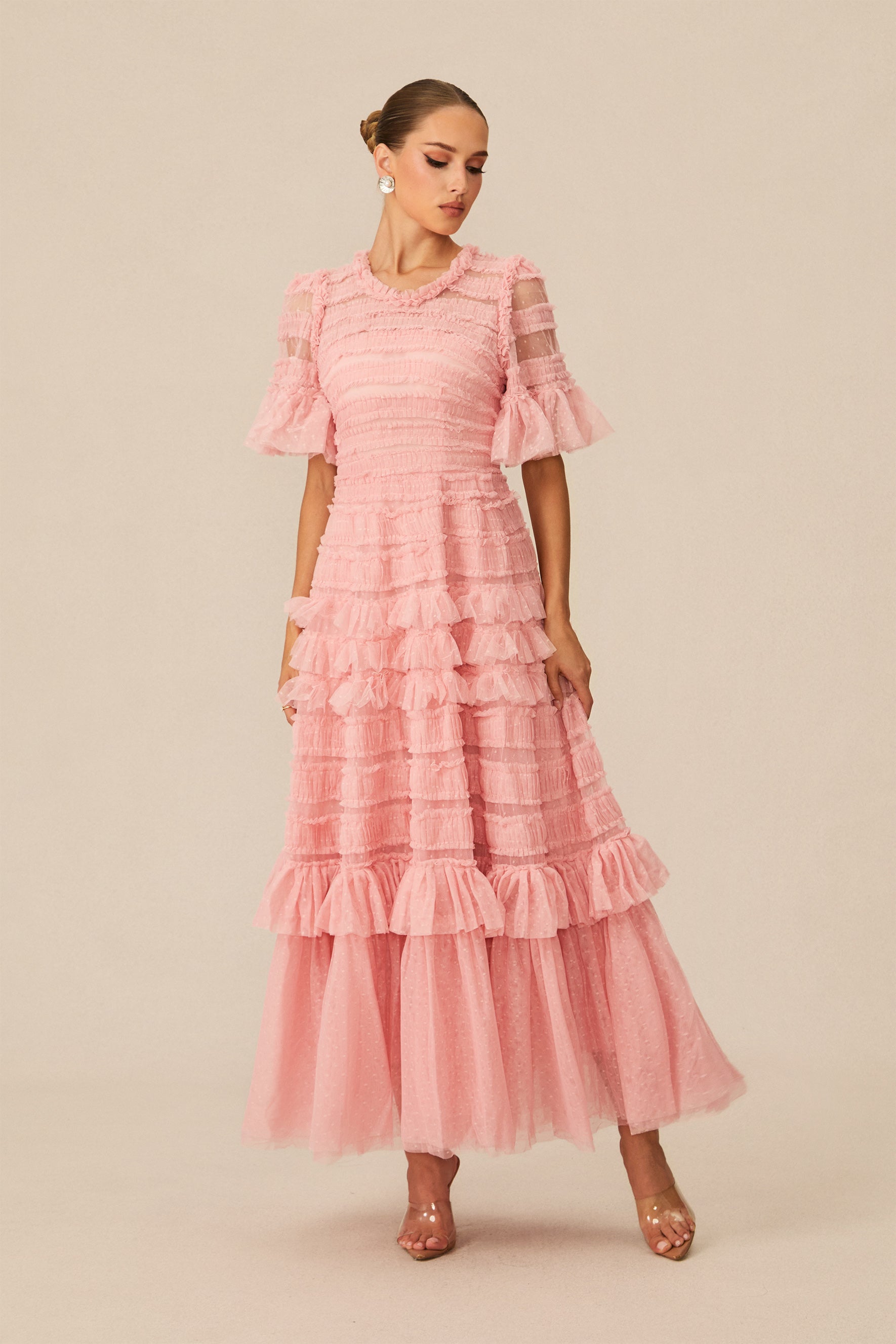 Pink Layered Maxi Dress With Ruffles