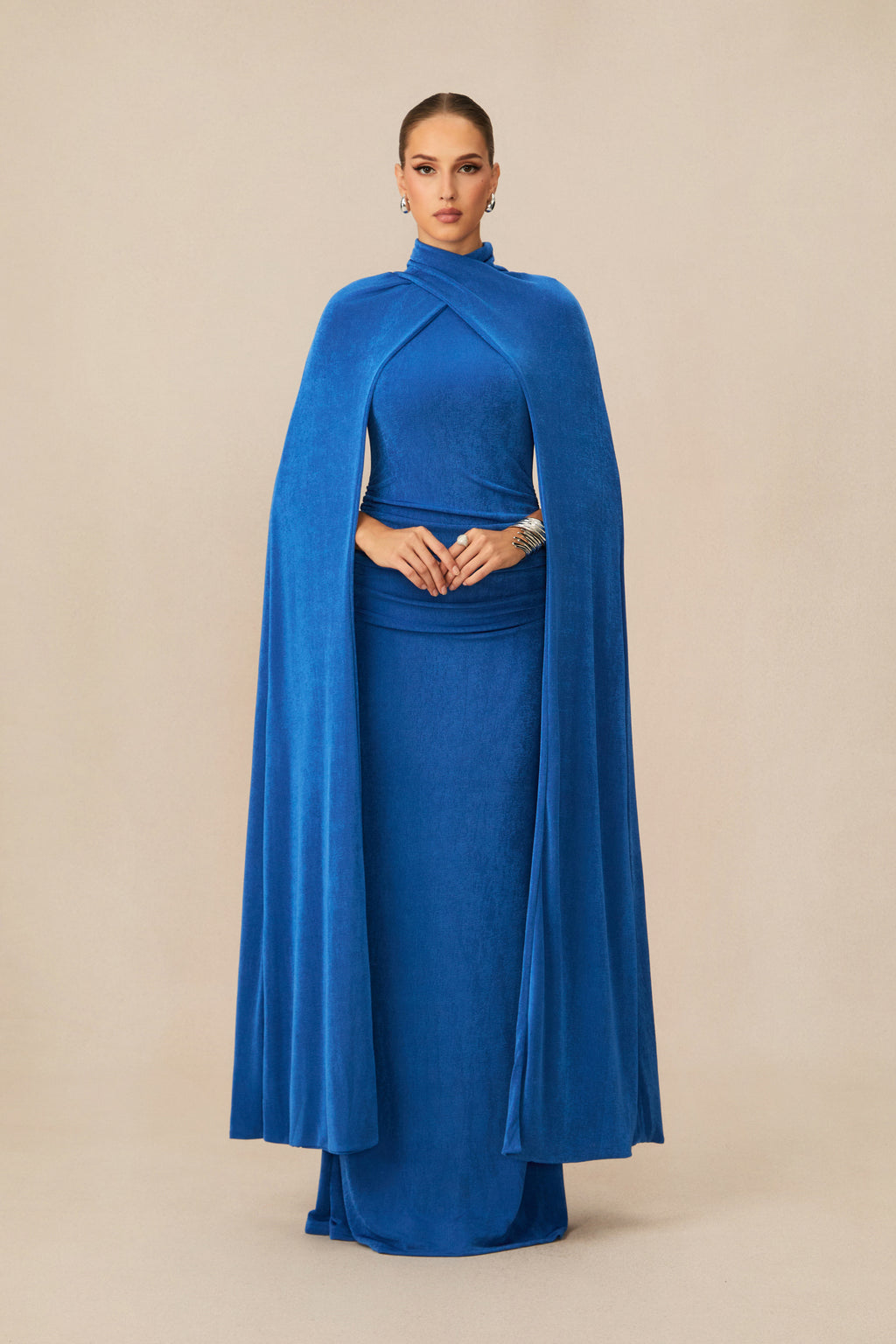 Dramatic Stunner Blue Maxi Dress With Cape Sleeves