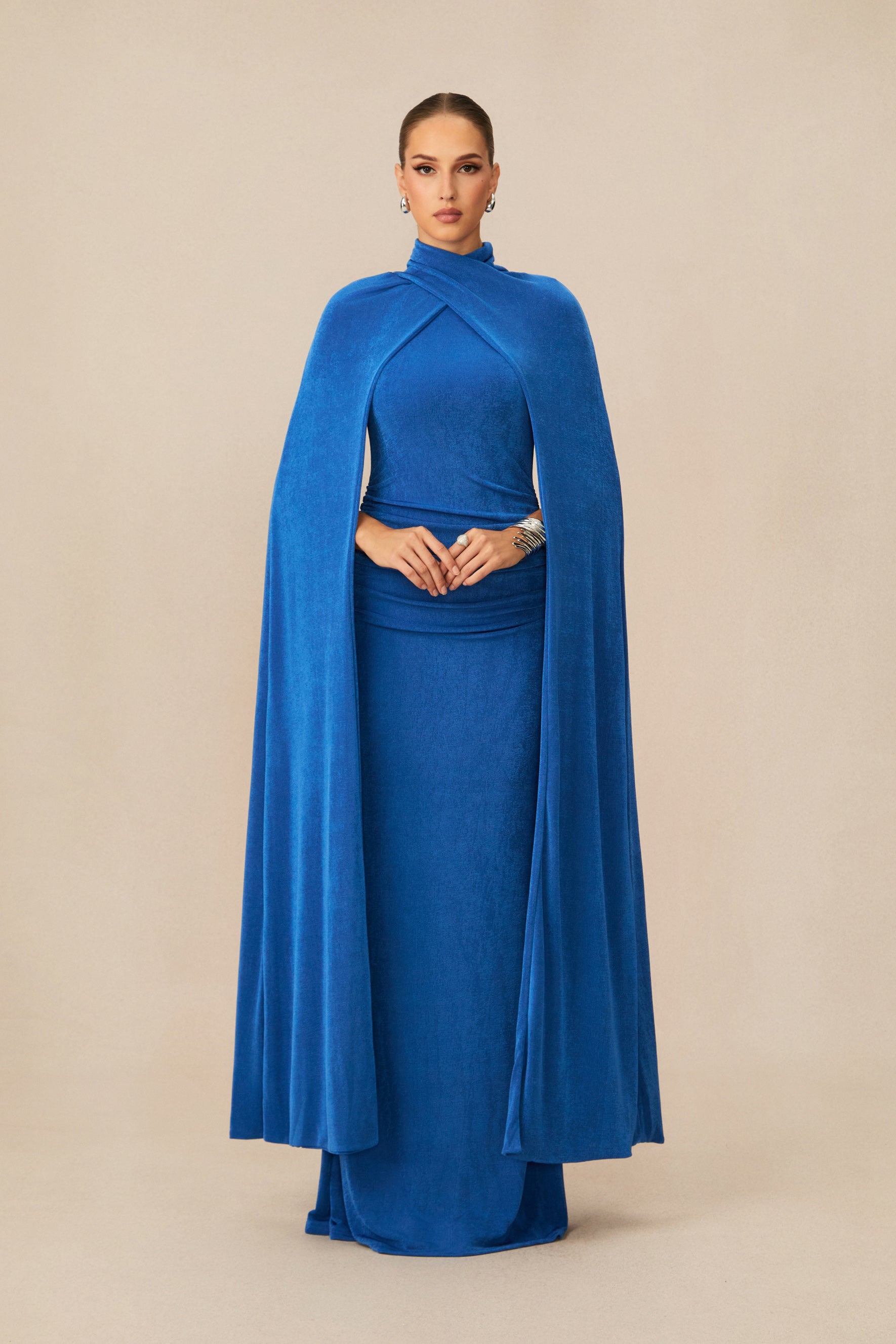 Dramatic Stunner Blue Maxi Dress With Cape Sleeves
