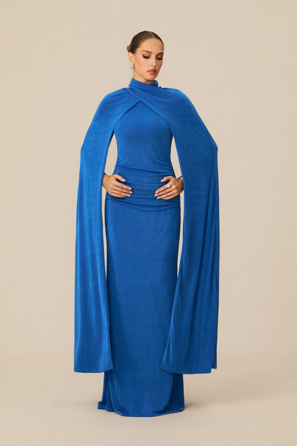 Dramatic Stunner Blue Maxi Dress With Cape Sleeves